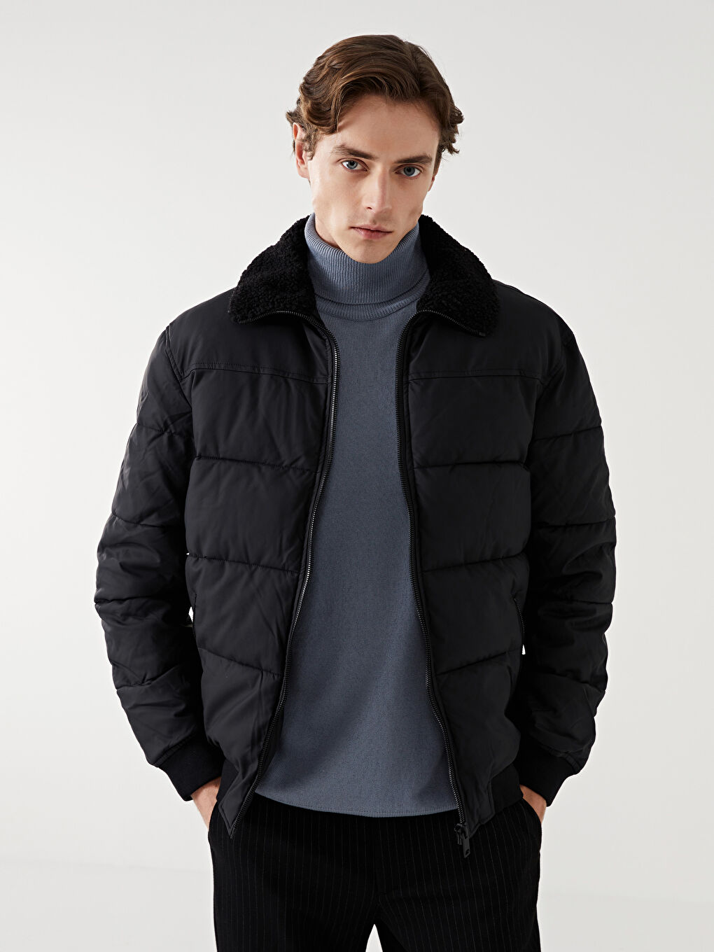 Standard Fit Shirt Neck Men's Faux Leather Jacket -W43032Z8 Standard Fit Shirt Neck Men's Faux Leather Jacket -W43032Z8