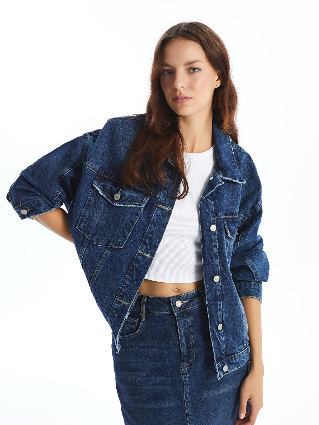 Shirt Collar Straight Long Sleeve Oversize Women s Jean Jacket W43239Z8 507 W43239Z8 507 LC Waikiki