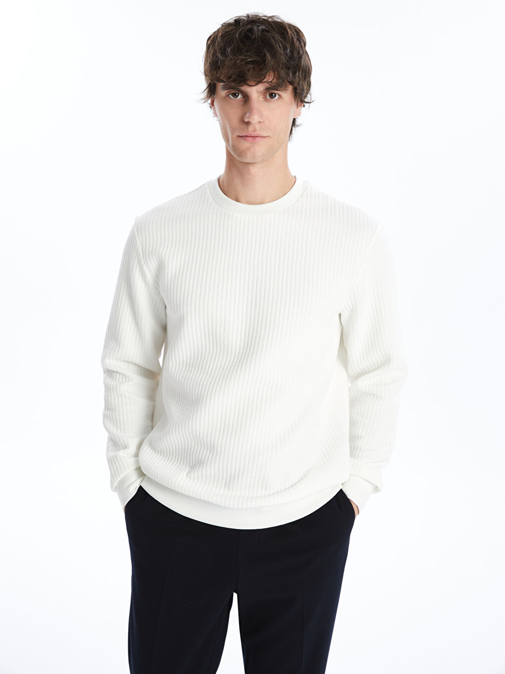 Crew Neck Long Sleeve Men's Textured Sweatshirt -W43469Z8-R9J -  W43469Z8-R9J - LC Waikiki