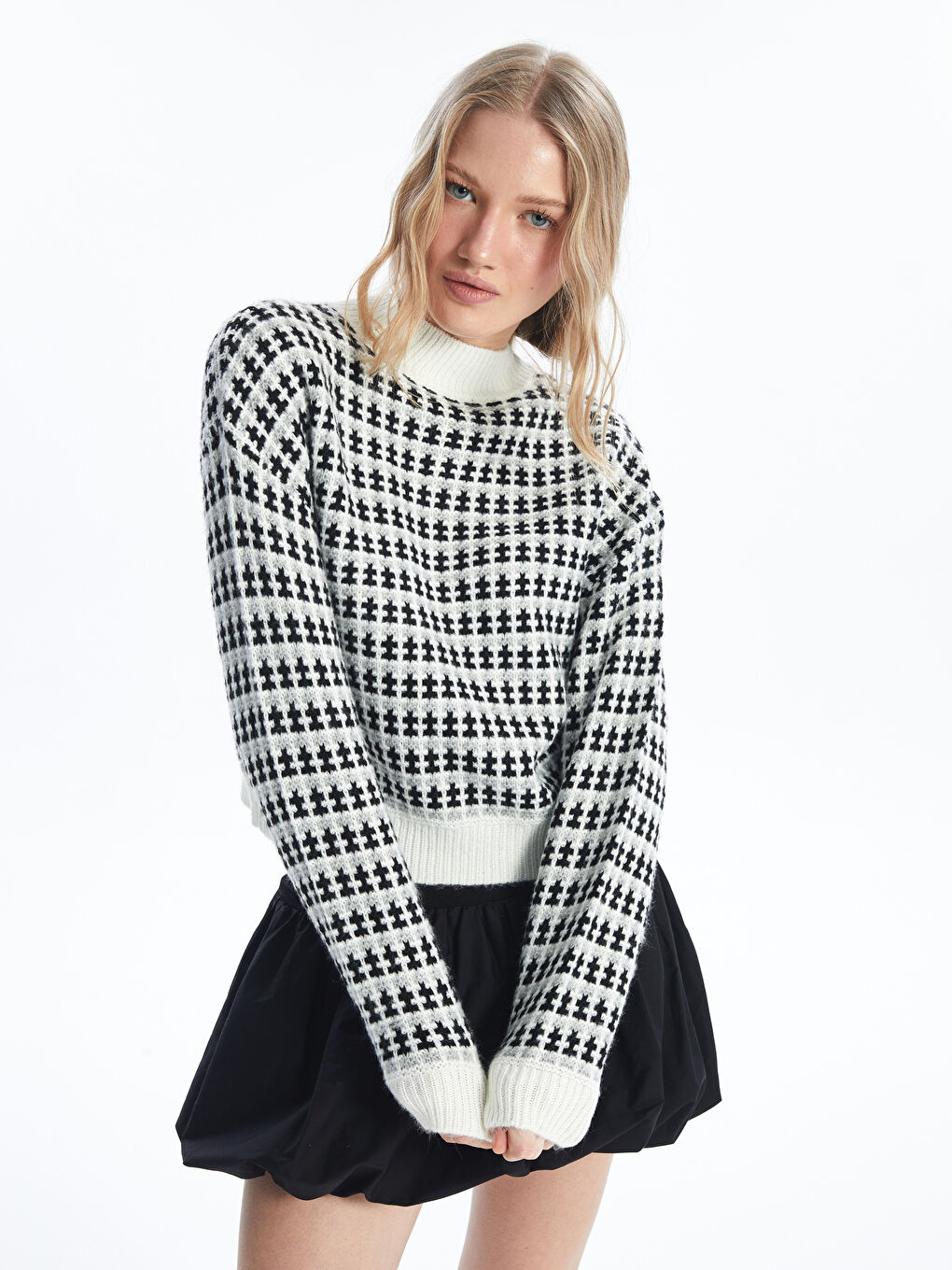 トップス 041011 WELLDER Combination Drivers Knit XSIDE Funnel Neck Patterned Long Sleeve Crop Women's