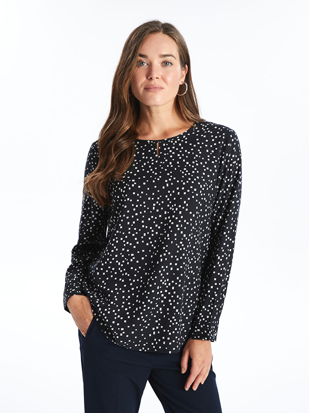 Crew Neck Patterned Women's Blouse -W44749Z8-LQJ - W44749Z8 Crew Neck Patterned Women's Blouse -W44749Z8-LQJ - W44749Z8