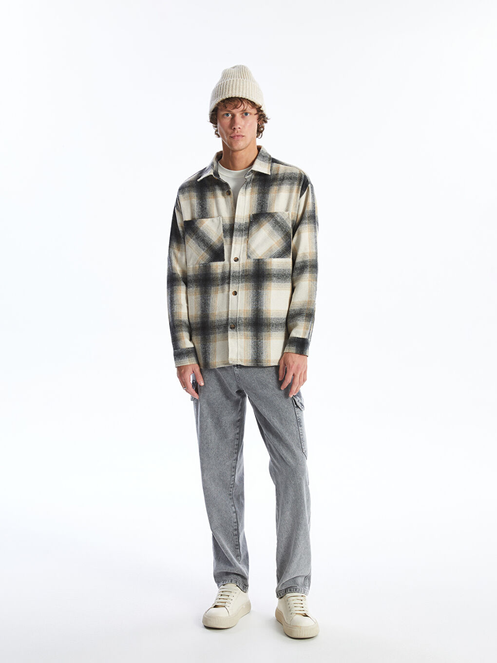 Relaxed Fit Long Sleeve Plaid Men's Shirt Jacket -W47128Z8