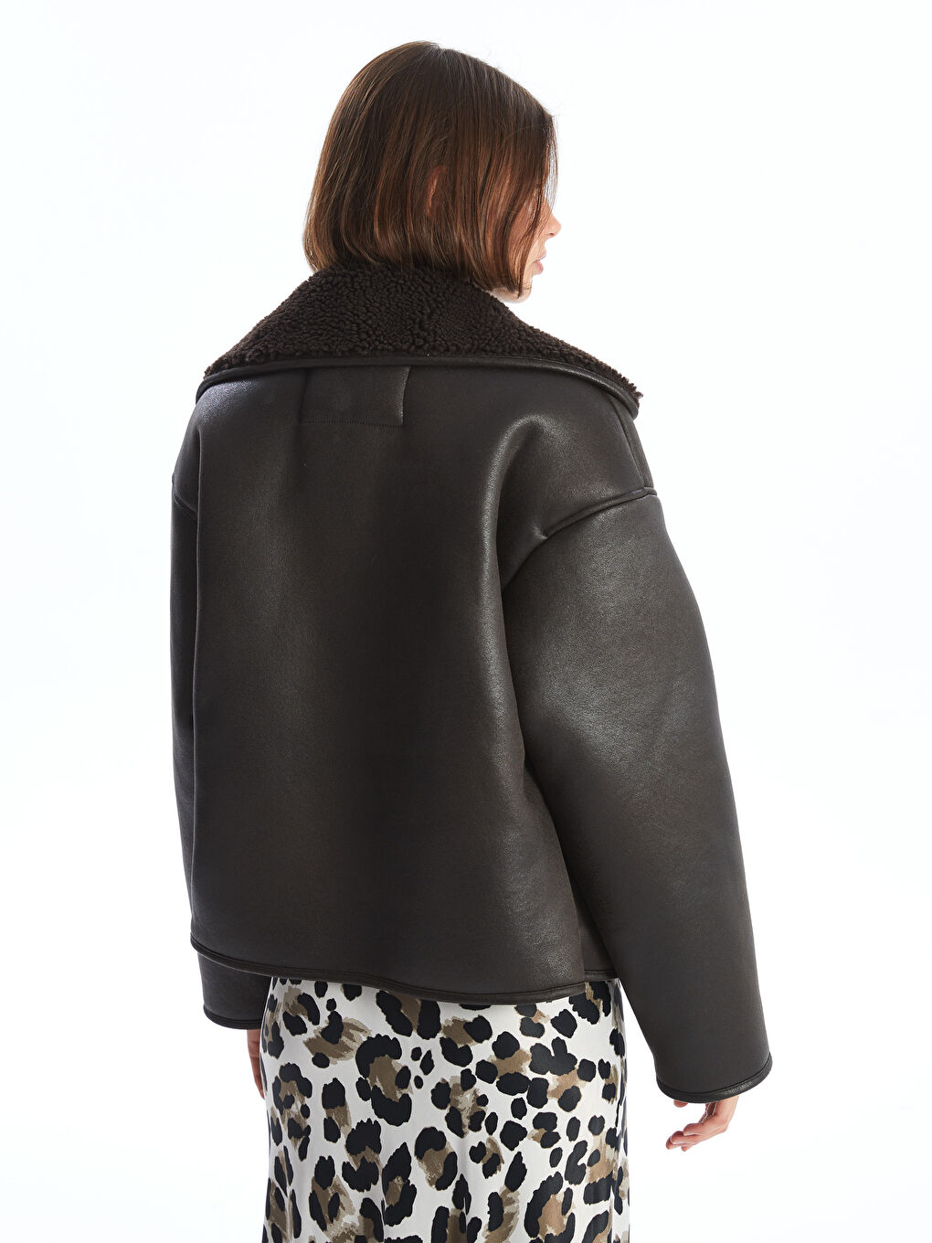 Jacket Neck Oversize Women's Faux Leather Coat -W47343Z8-YD6