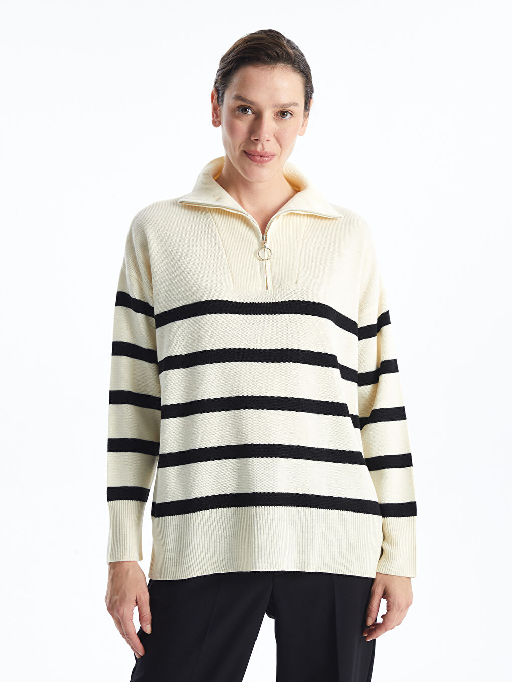 Stand Up Collar Striped Long Sleeve Oversize Women s Knitwear Sweater W48598Z8 V9H W48598Z8 V9H LC Waikiki