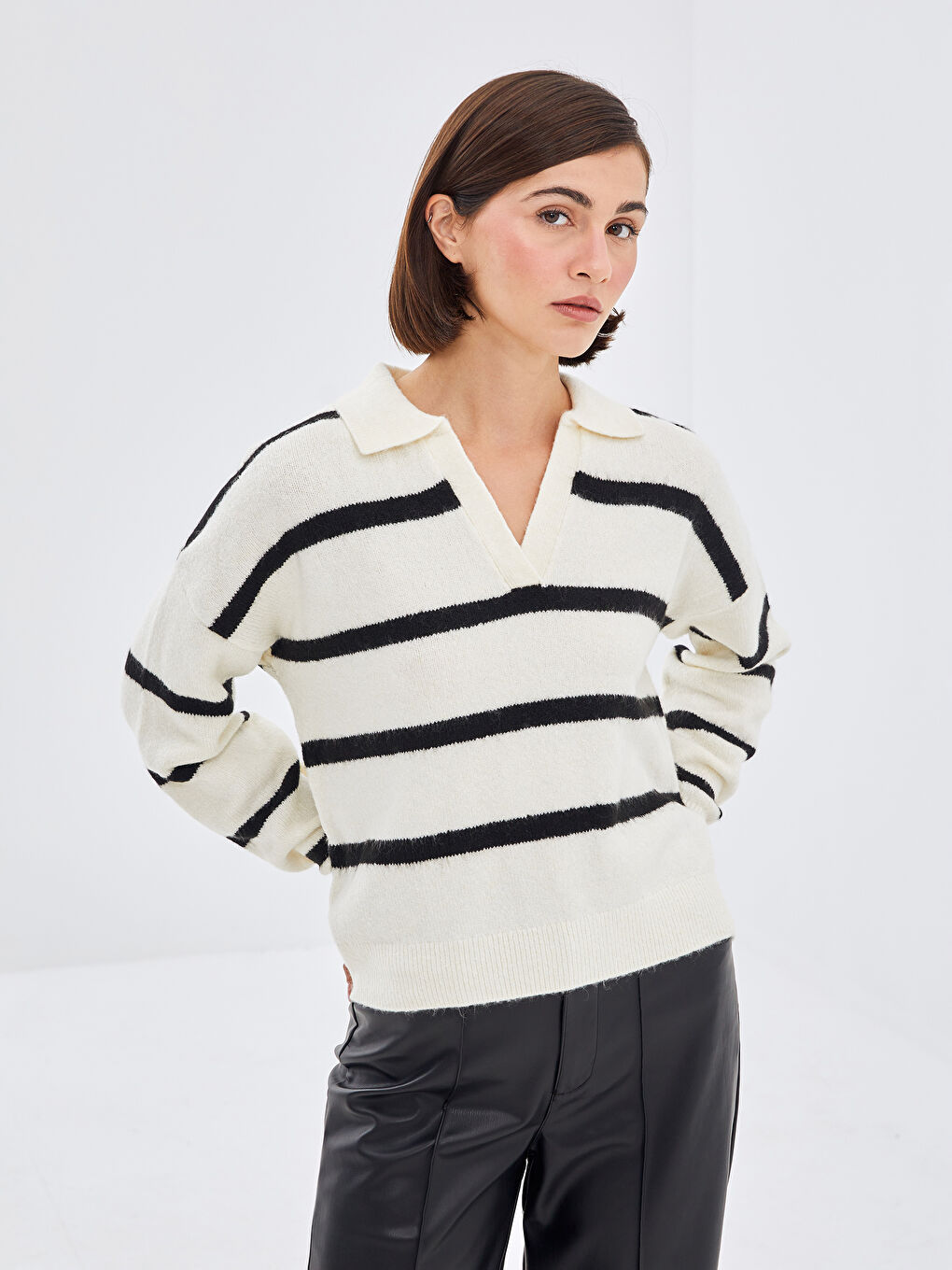 Polo Neck Striped Long Sleeve Women s Tricot Sweater W48785Z8 LEG W48785Z8 LEG LC Waikiki