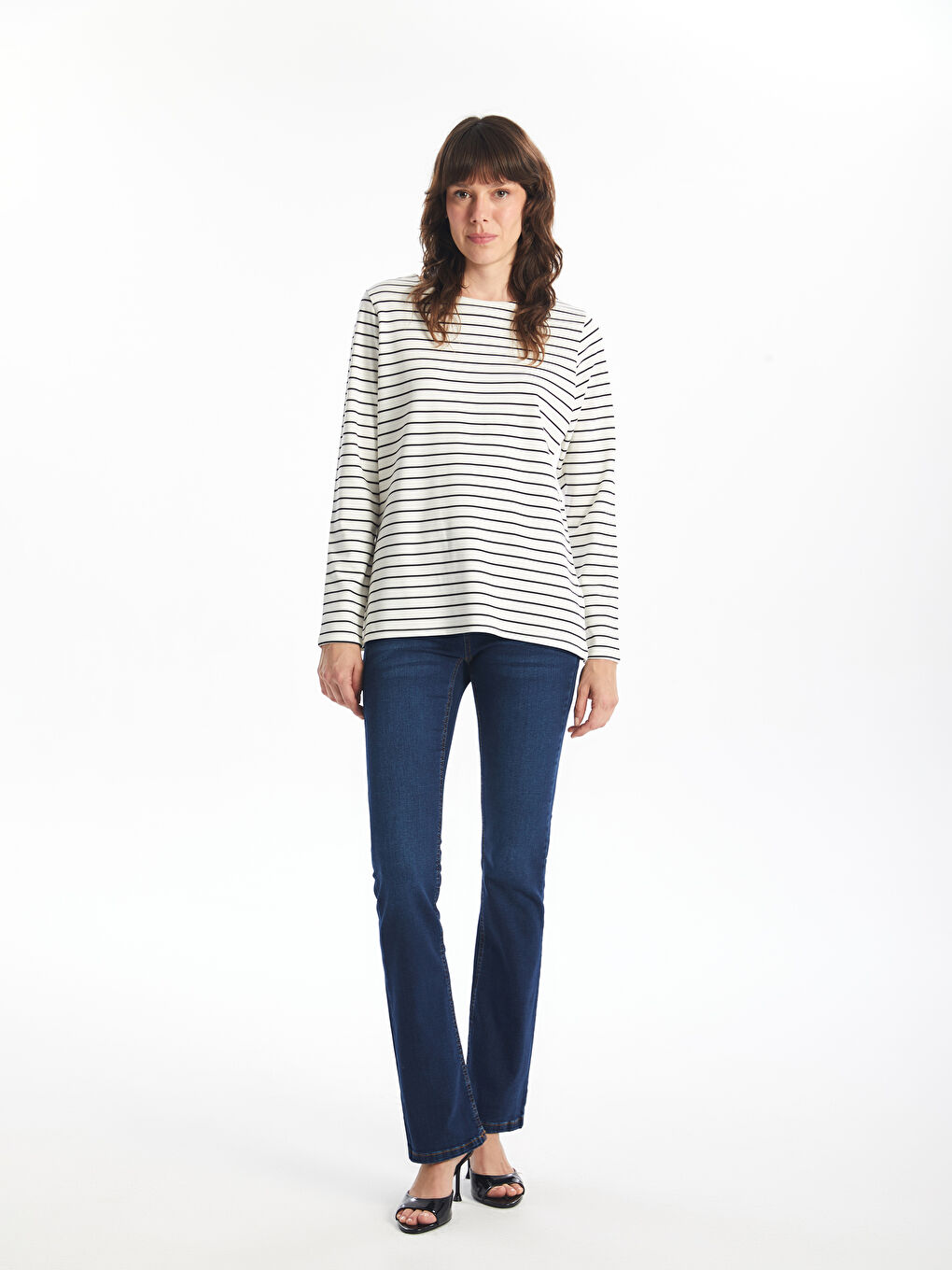 Crew Neck Striped Long Sleeve Women's T-shirt -W49305Z8-LFC