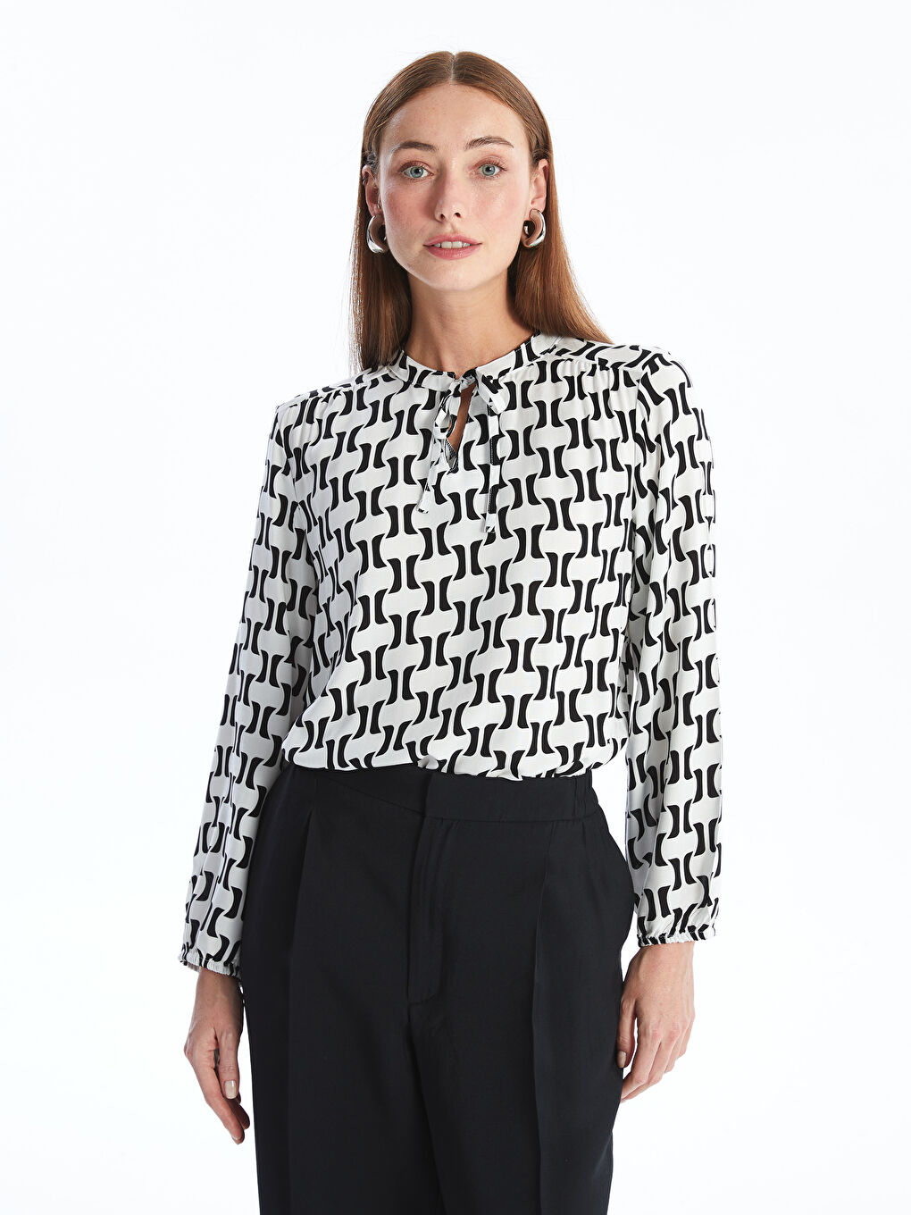 Tie Neck Patterned Long Sleeve Women's Blouse -W4AT52Z8-LU7