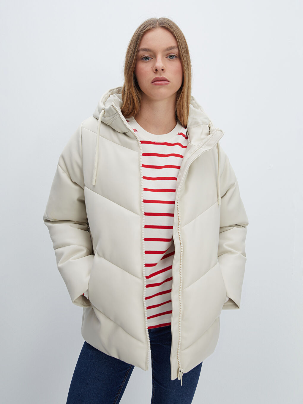 Hooded Leather Look Women s Puffer Jacket W4BH82Z8 V9H W4BH82Z8 V9H LC Waikiki