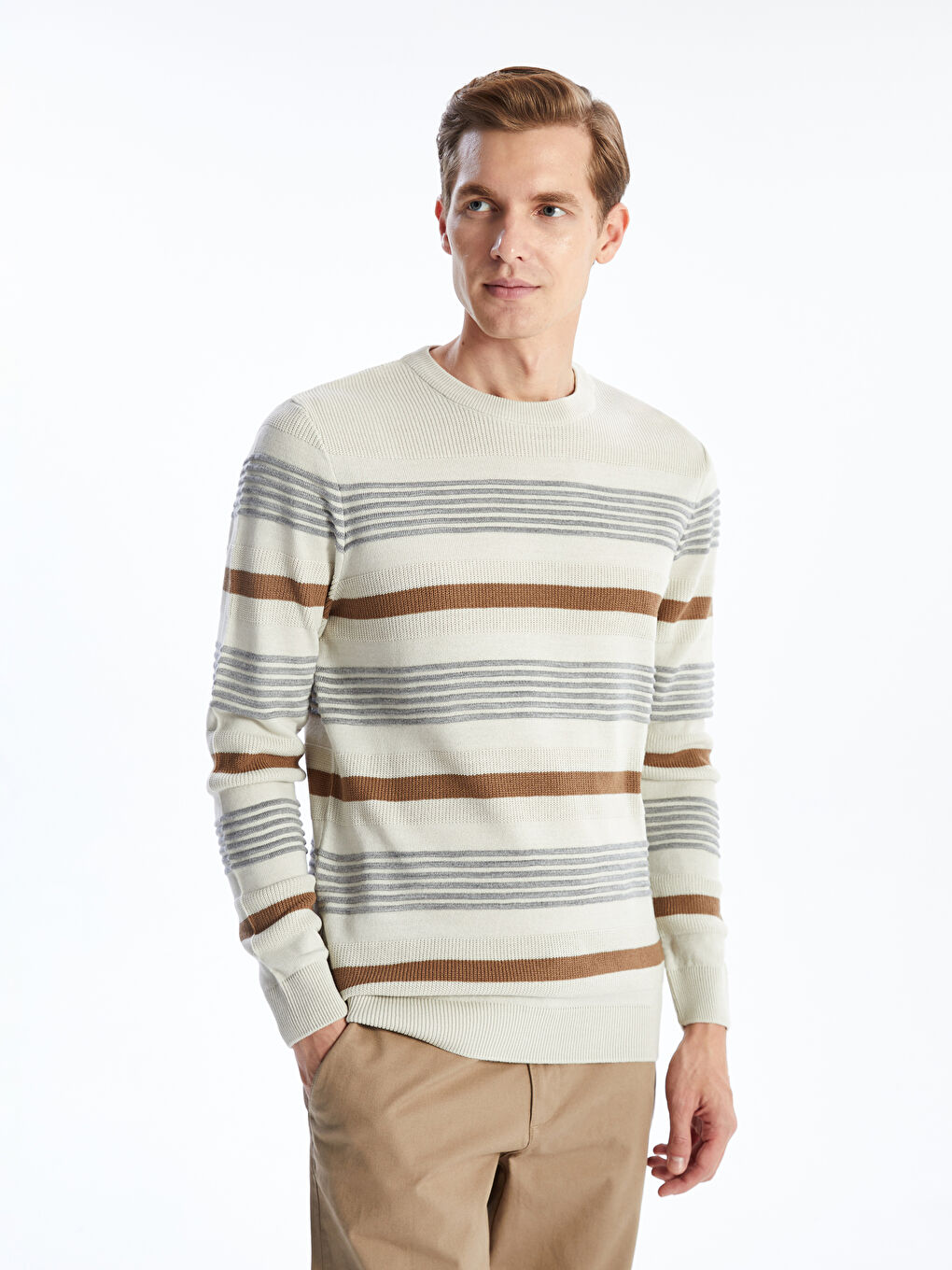 Crew Neck Long Sleeve Striped Men's Tricot Sweater -W4BL79Z8-K8X -  W4BL79Z8-K8X - LC Waikiki