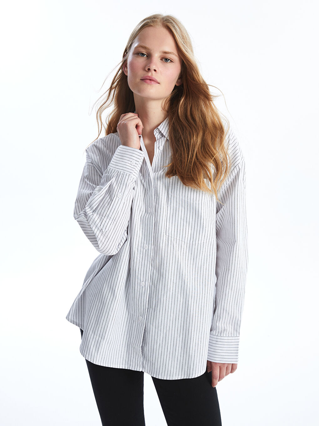 Çizgili Oversize Oxford Kadın Gömlek -W4BP96Z8-LEG