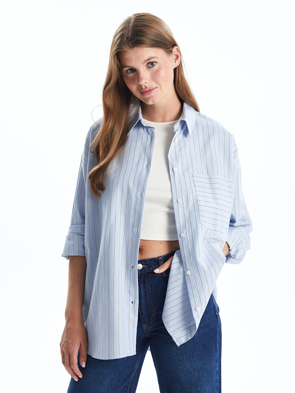 Striped Oversized Oxford Women's Shirt -W4BP96Z8-LGB - W4BP96Z8-LGB - LC  Waikiki