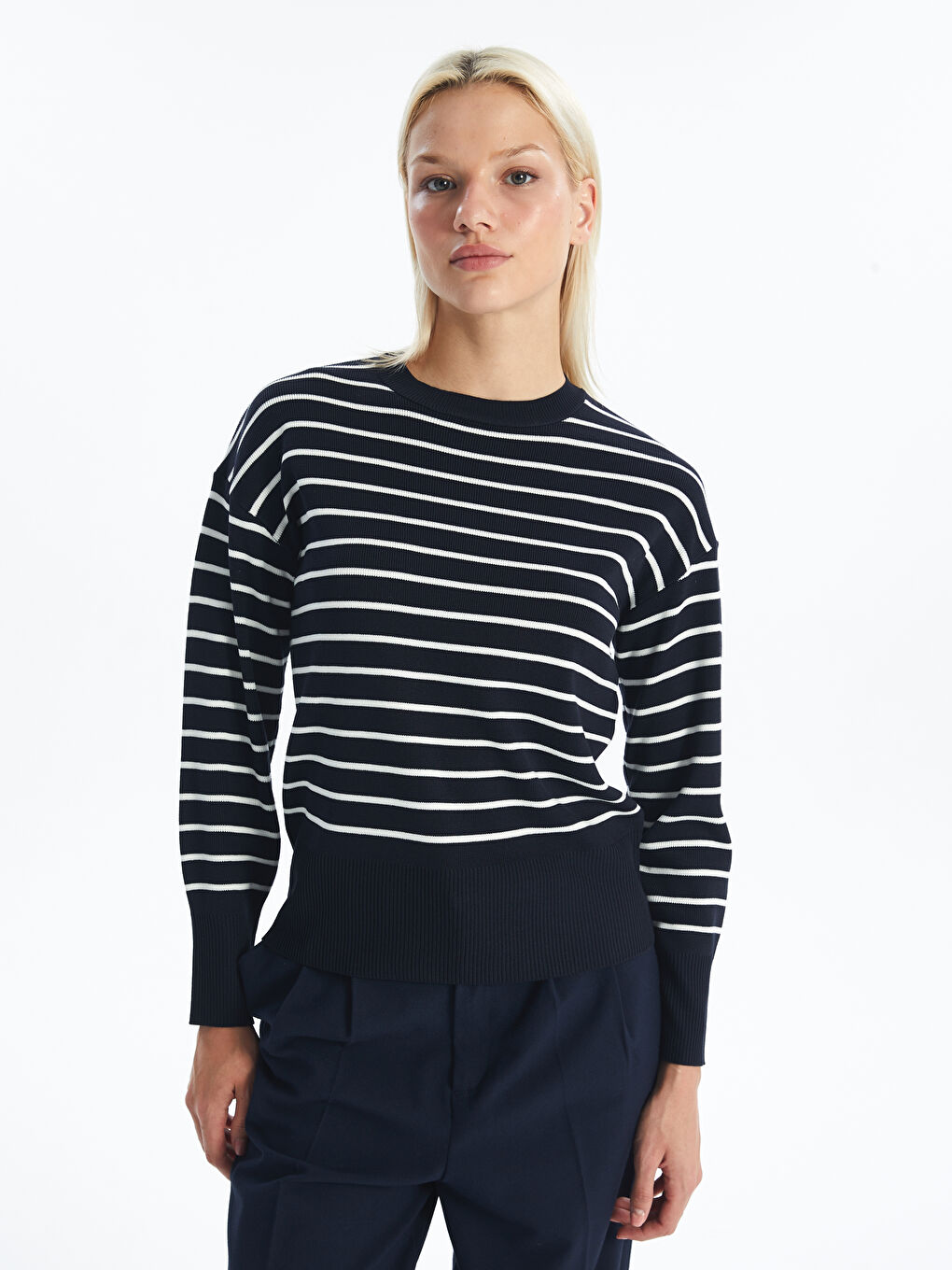 Long sleeve striped scoop neck sweater cheap