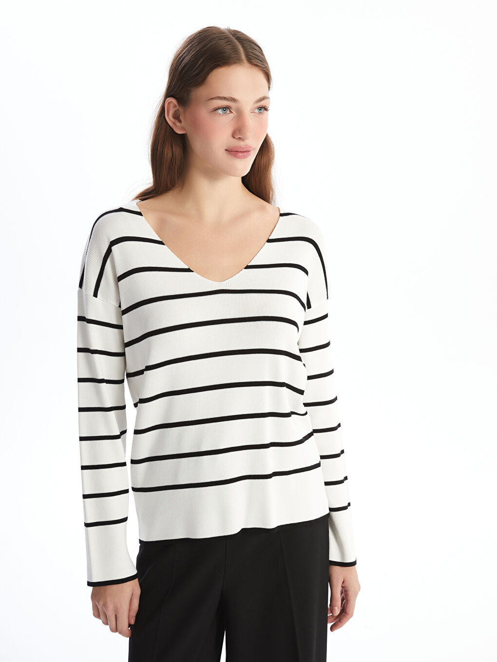 LC WAIKIKI V Neck Striped Long Sleeve Women's Knitwear Sweater