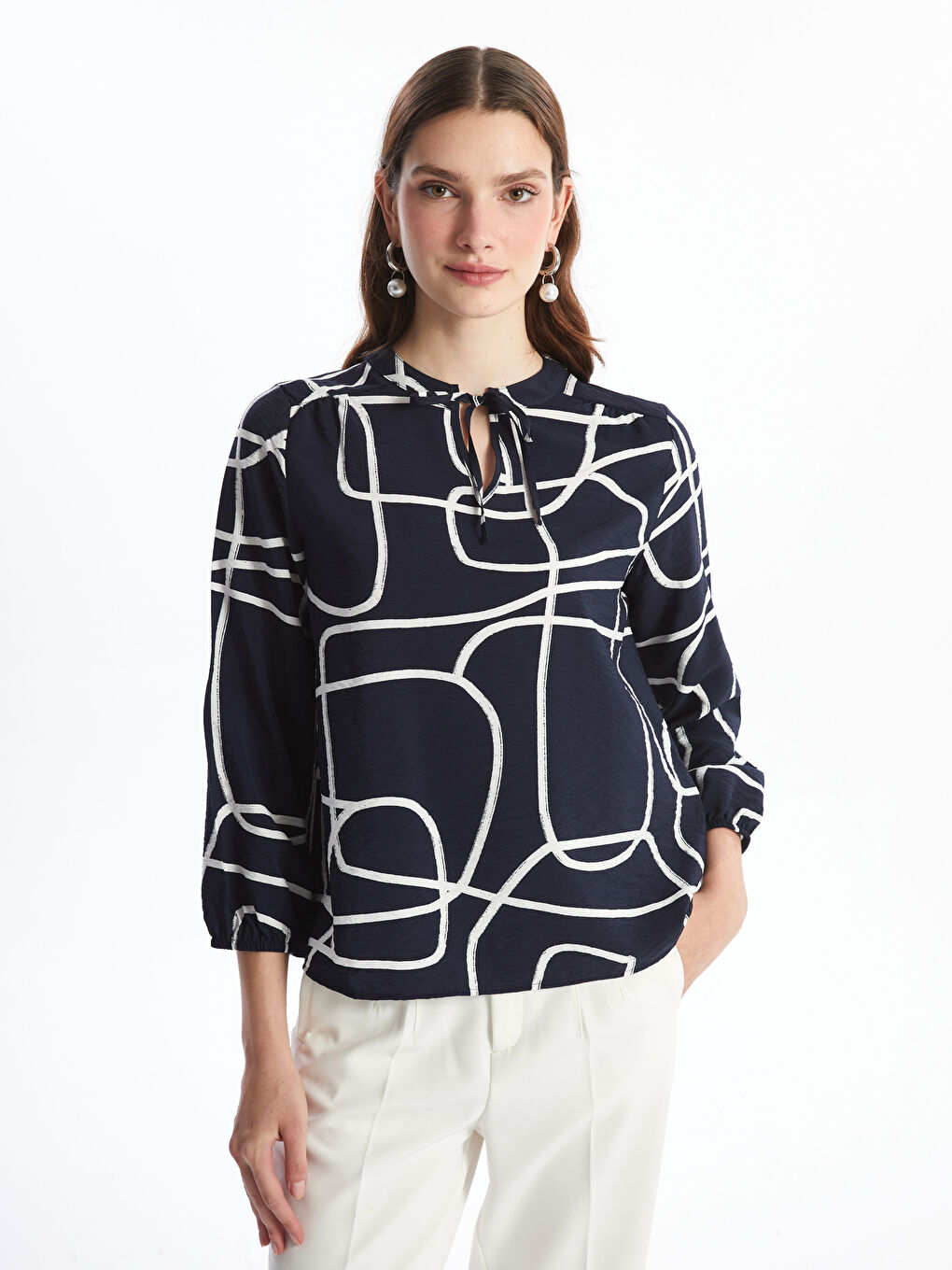 Tie Collar Patterned Women's Blouse -W4JI02Z8-LSJ - W4JI02Z8