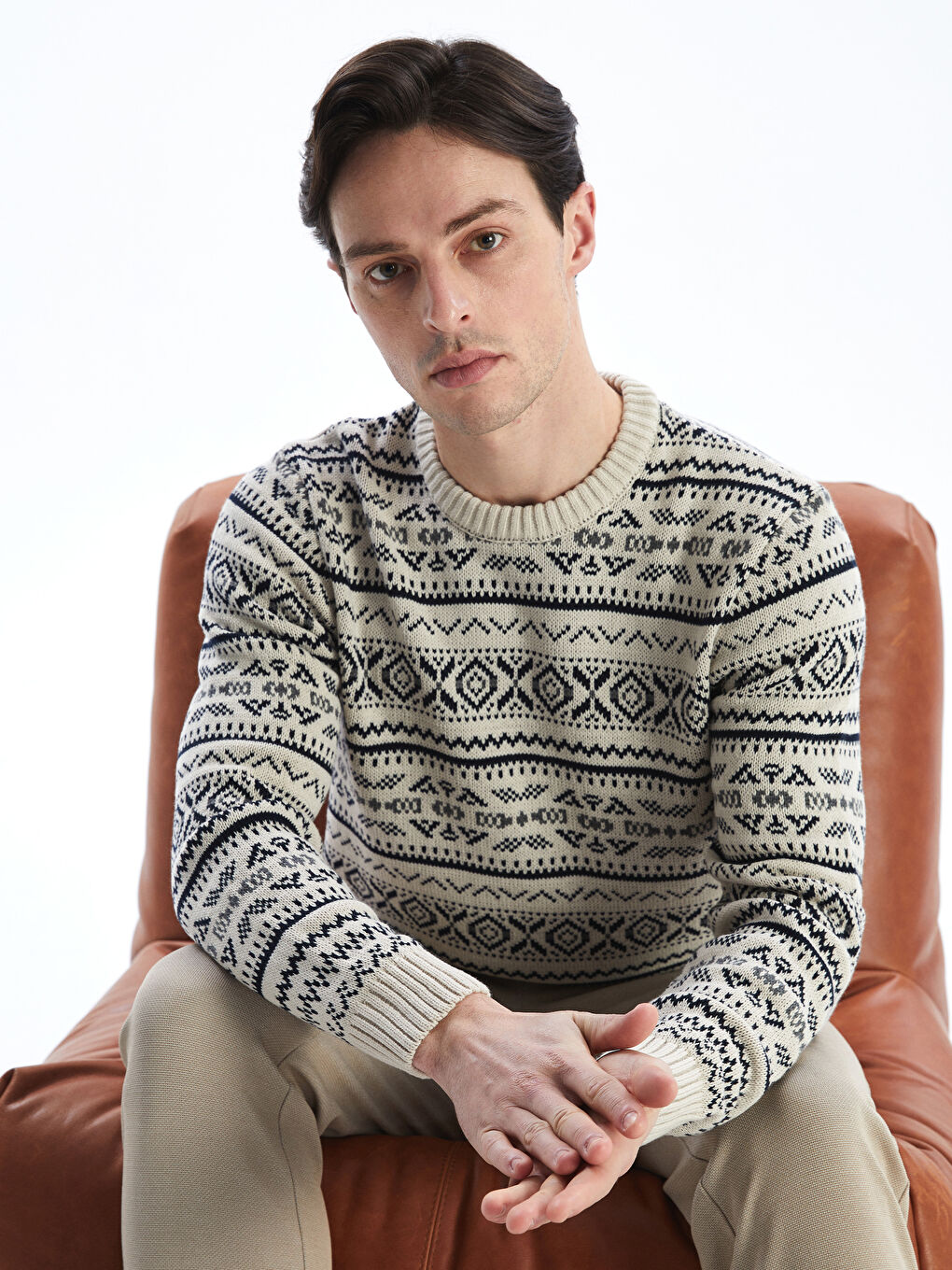 Crew Neck Long Sleeve Patterned Men's Tricot Sweater -W4KP94Z8-DFH -  W4KP94Z8-DFH - LC Waikiki