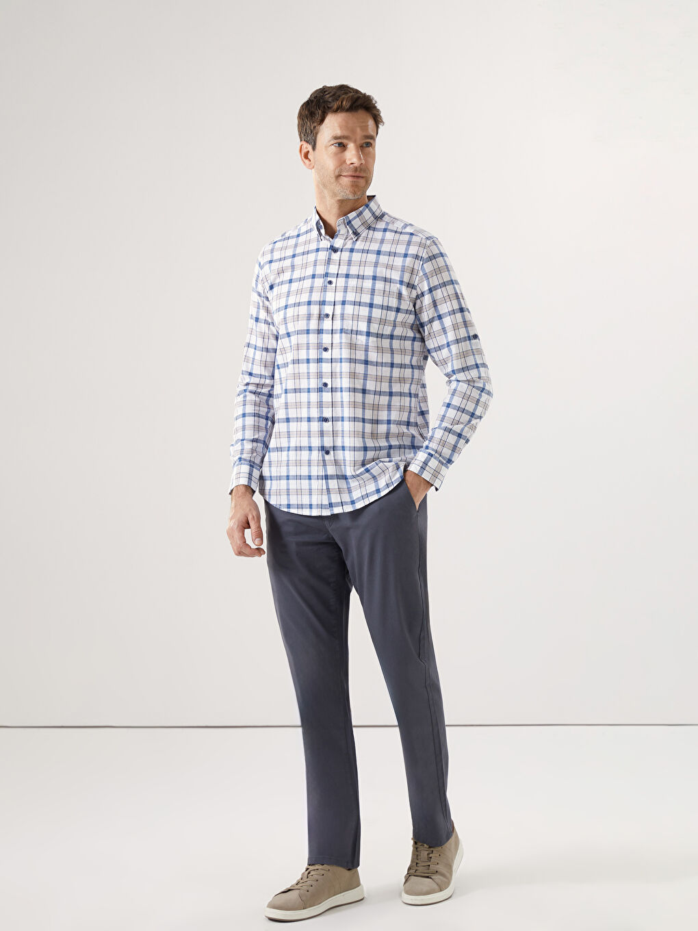 Regular Fit Long Sleeve Plaid Poplin Men's Shirt -S51051Z8