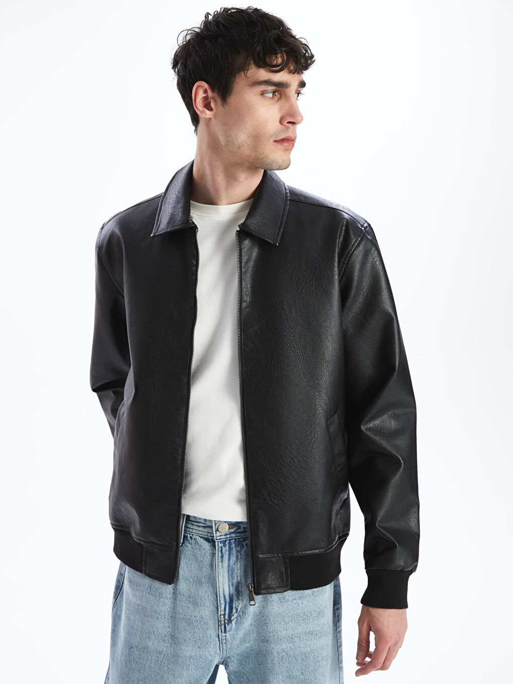 Slim Fit Men's Leather Look Jacket -S51461Z8-CVL - S51461Z8 Slim Fit Men's Leather Look Jacket -S51461Z8-CVL - S51461Z8