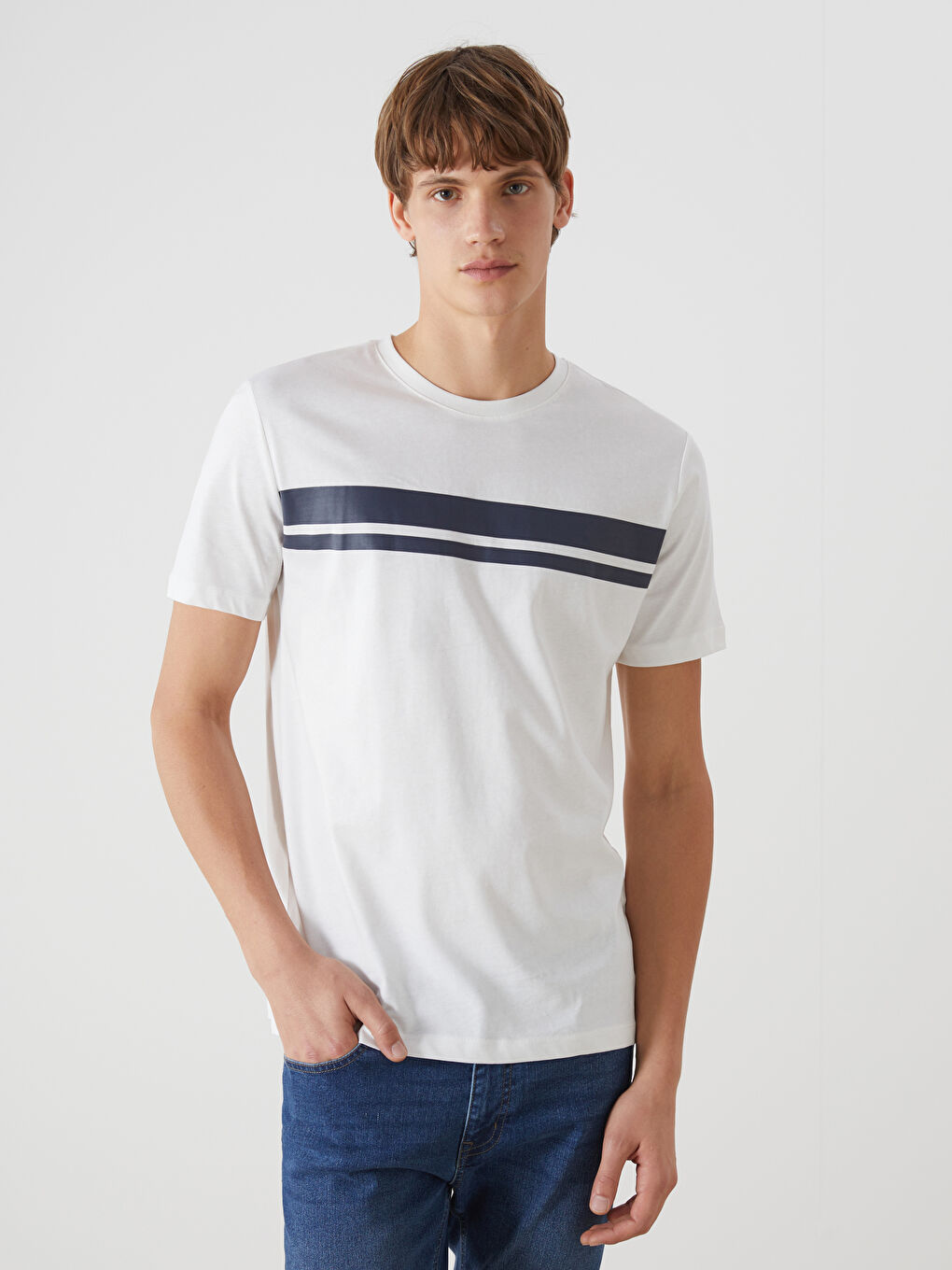 Crew Neck Short Sleeve Striped Combed Cotton Men's T-shirt
