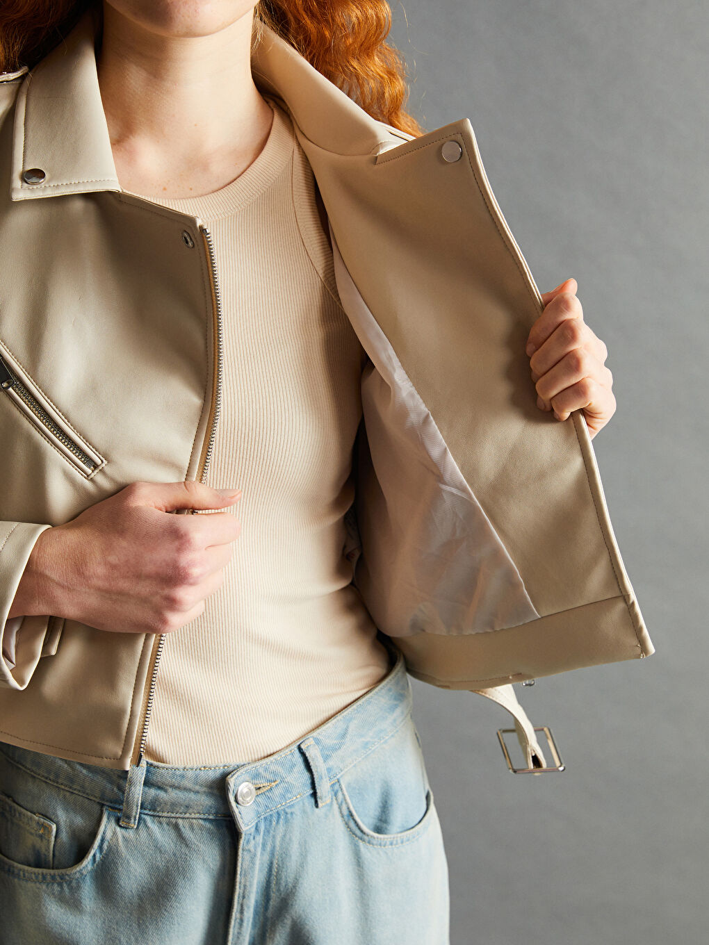 定番のお歳暮＆冬ギフト Women's Crop Neck Biker Faux -S57972Z8-YBA Jacket Leather ジャケット・アウター