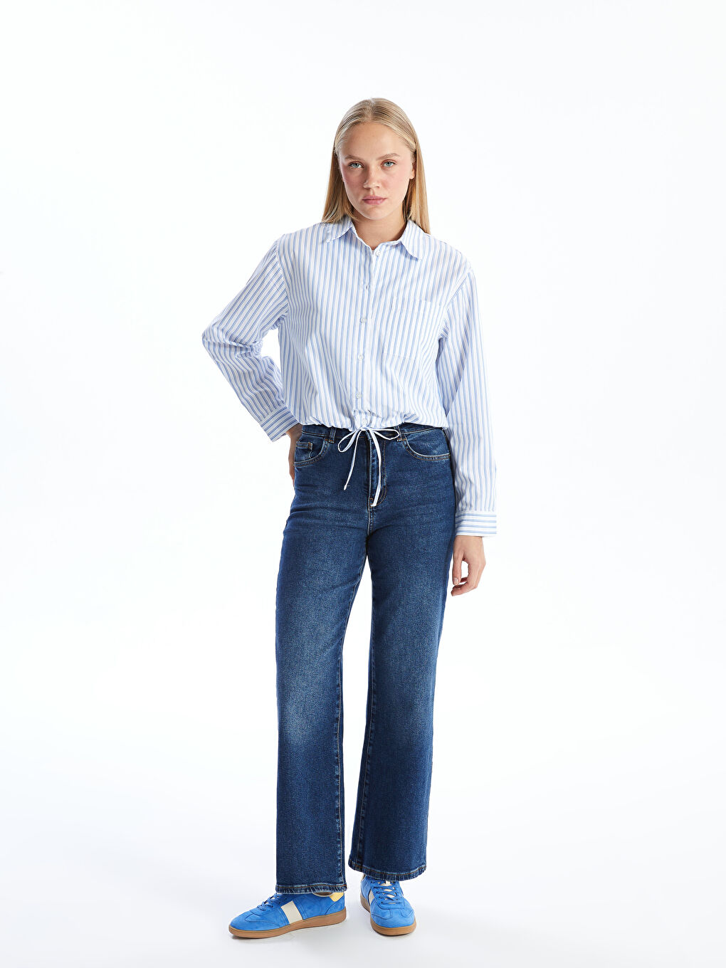 【WONDER WONDER】Sojeun Eyelet Belt Pleats Shirt Mini OP XSIDE Loose Fit Poplin Laced Women's Shirt -S5AR26Z8-LEN