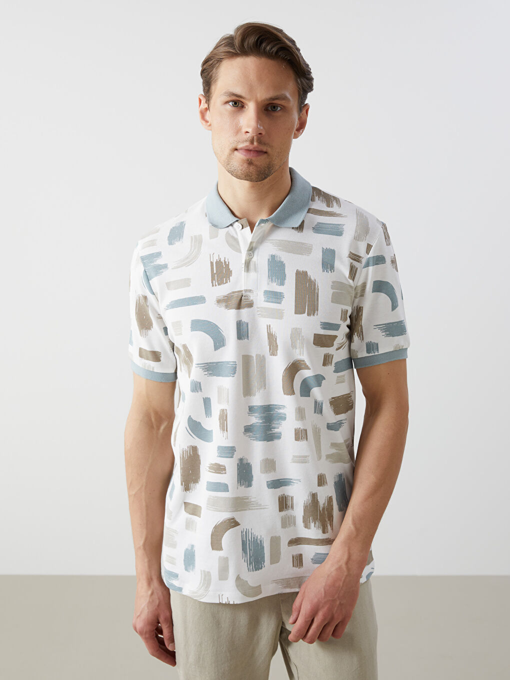 Polo Neck Short Sleeve Patterned Pique Men's T-Shirt