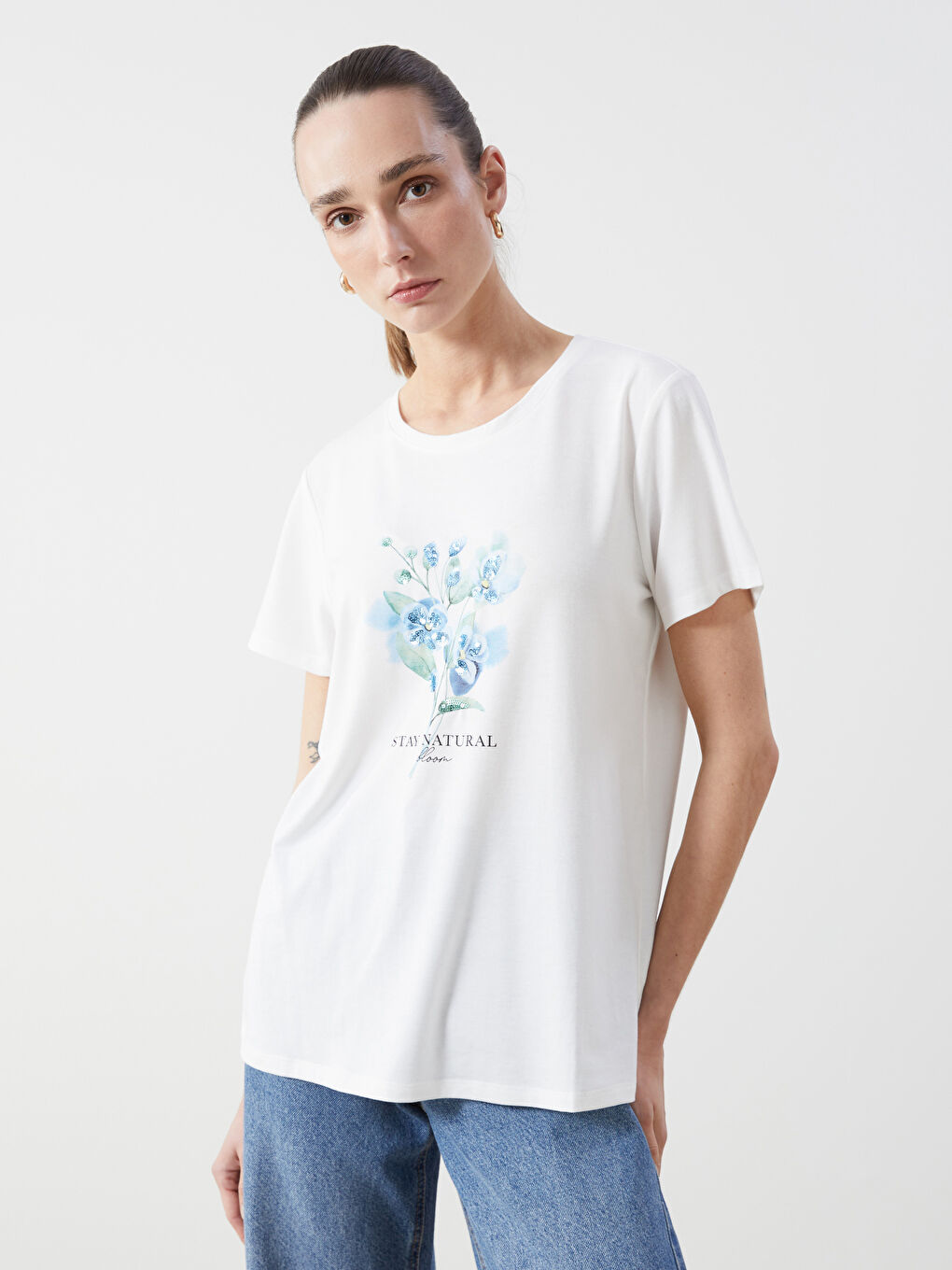 Crew Neck Printed Combed Cotton Women's T-Shirt -S5FP73Z8 Crew Neck Printed Combed Cotton Women's T-Shirt -S5FP73Z8