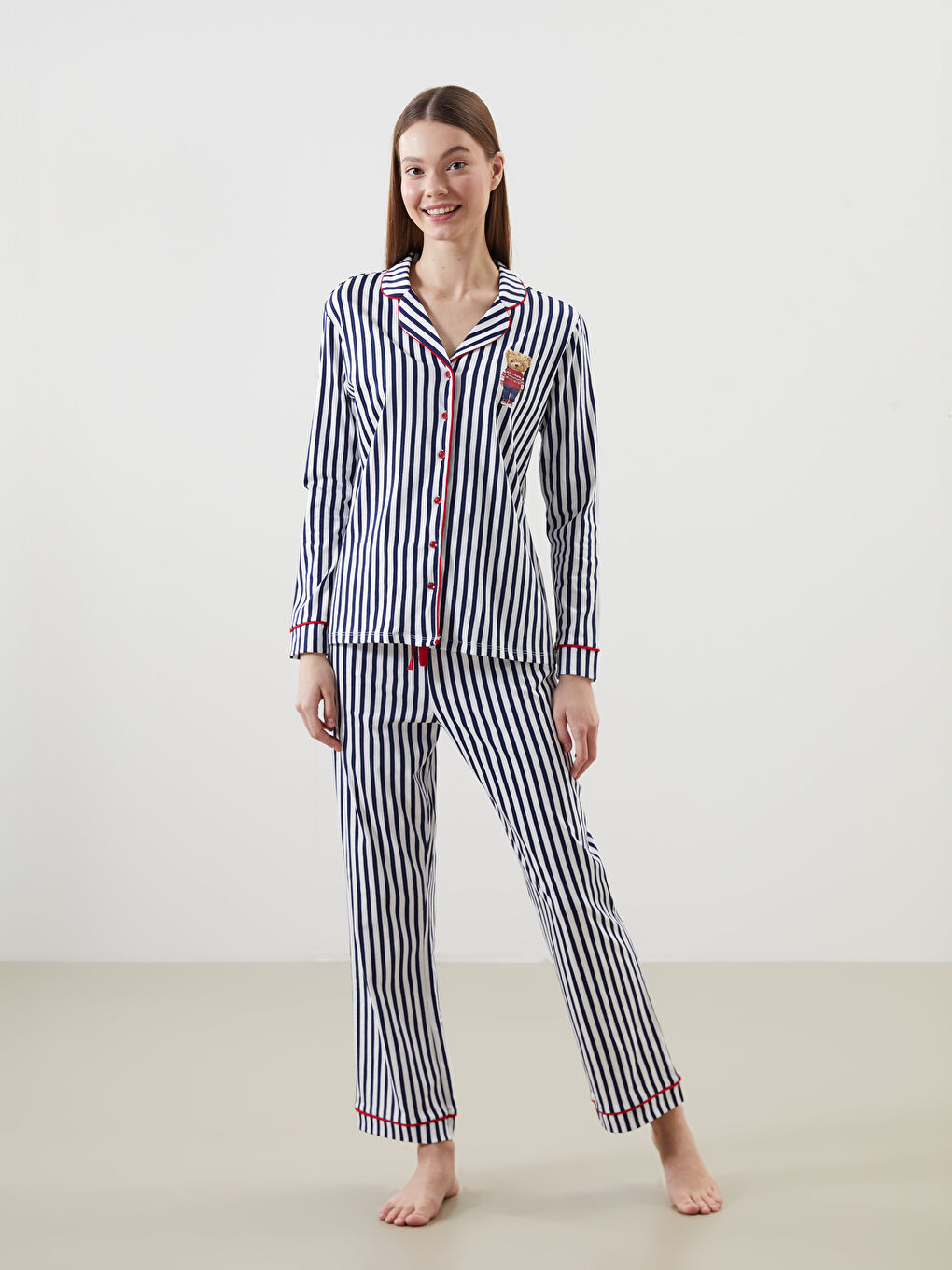 Shirt Collar Striped Women's Pajama Set -S5MN04Z8-LGS Shirt Collar Striped Women's Pajama Set -S5MN04Z8-LGS