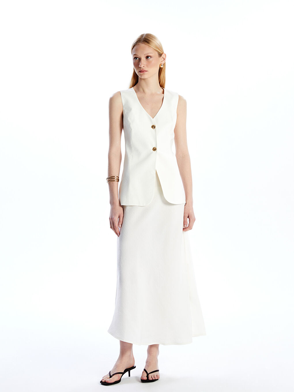 【WOOHWA】CLASSIC STRAIGHT SLIT SK LC WAIKIKI V Neck Modal Blend Women's Classic Waistcoat