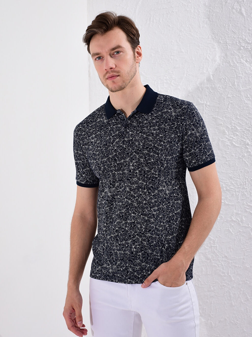 Lacivert Slim Fit Polo Yaka Desenli Pike Tisort Lc Waikiki