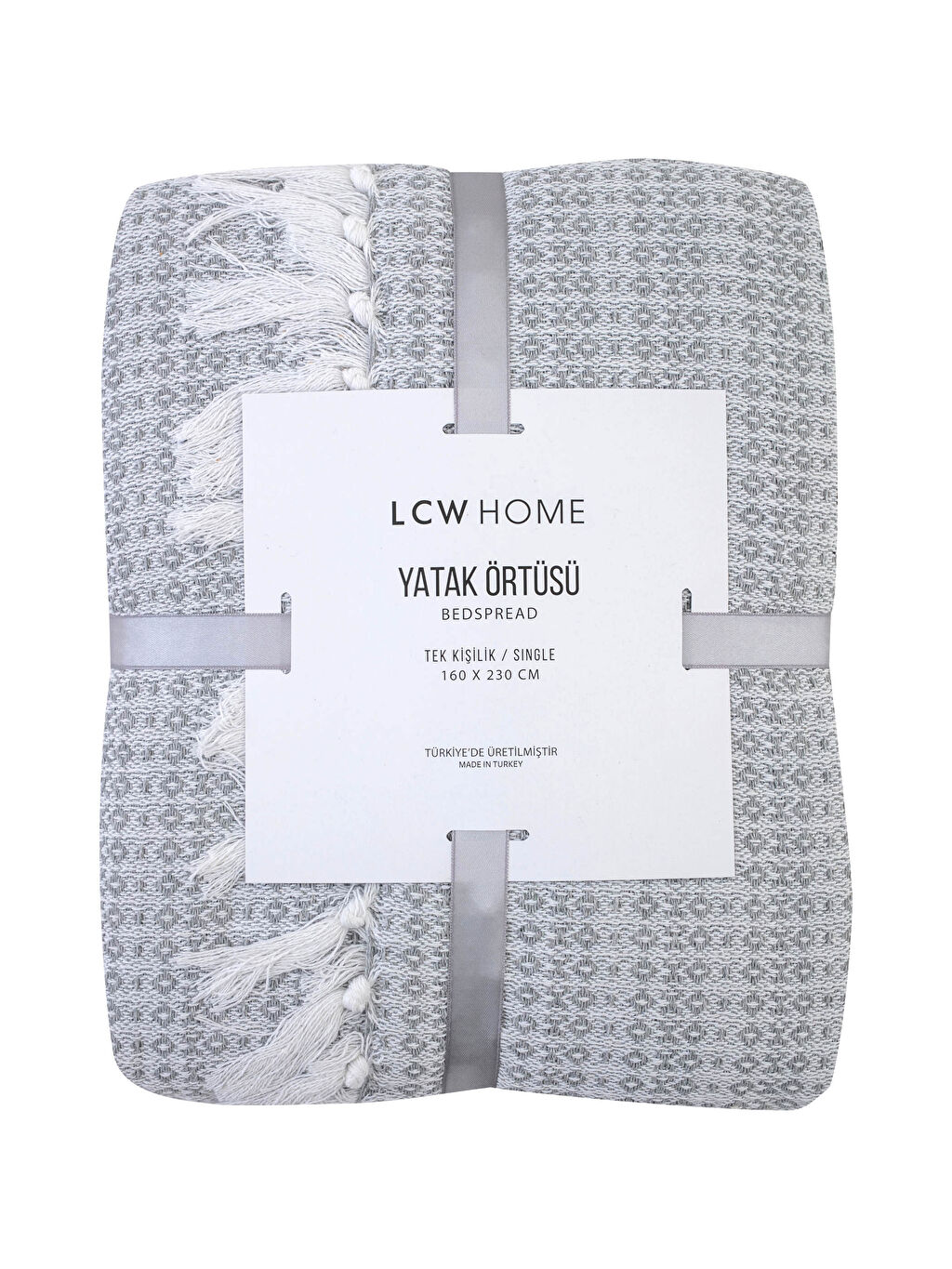 Gri Tek Kişilik Kendinden Desenli Püsküllü Yatak Örtüsü Gri Tek Kişilik Kendinden Desenli Püsküllü Yatak Örtüsü