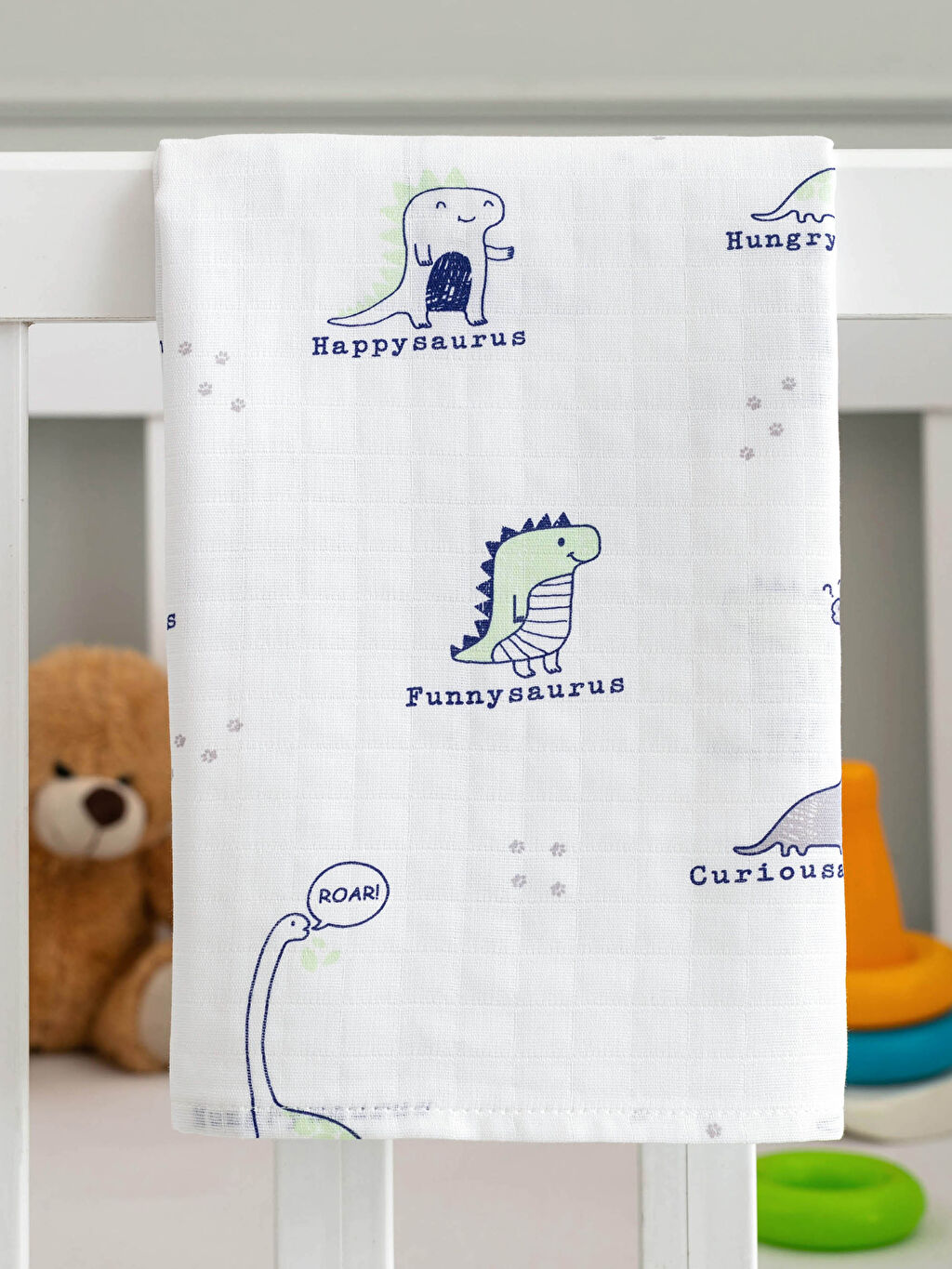 Çok Renkli Dinozor Baskılı Erkek Bebek Müslin Battaniye