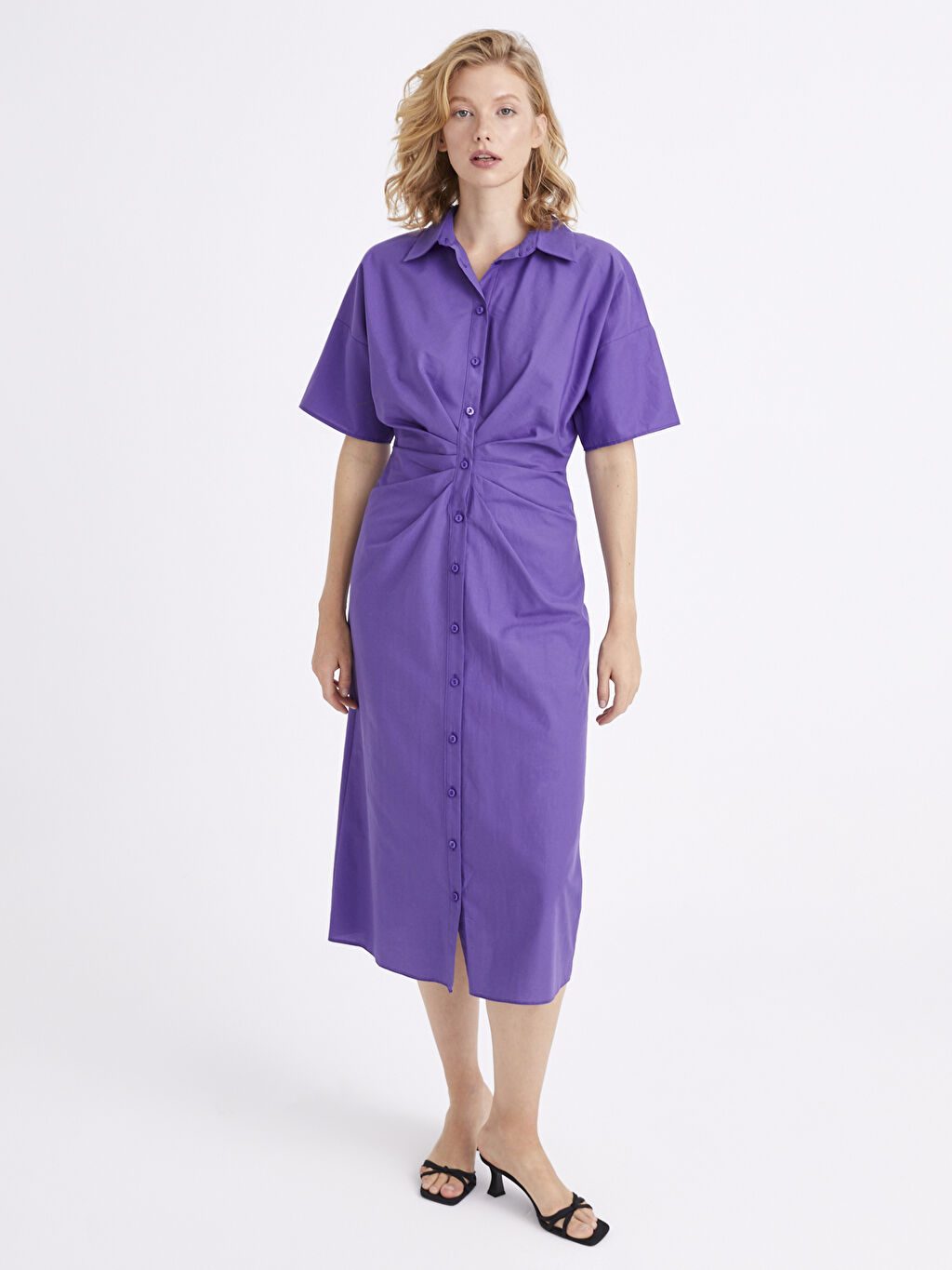 Mor Appleline Beli Buzgulu Poplin Elbise Lc Waikiki