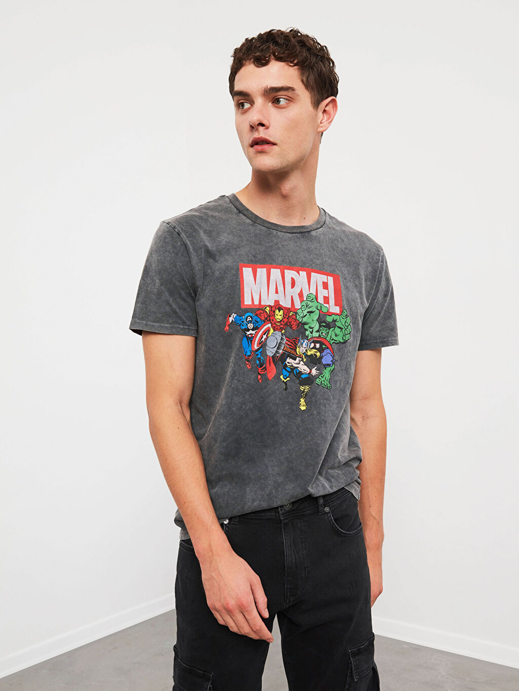 Antrasit Xside Marvel Baskili Kisa Kollu Pamuklu Tisort Lc Waikiki