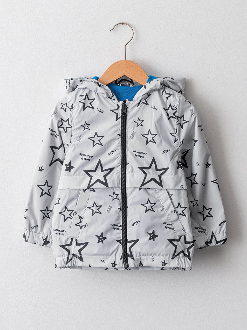 Gri Kapüşonlu Uzun Kol Baskılı Erkek Bebek Fermuarlı Mont