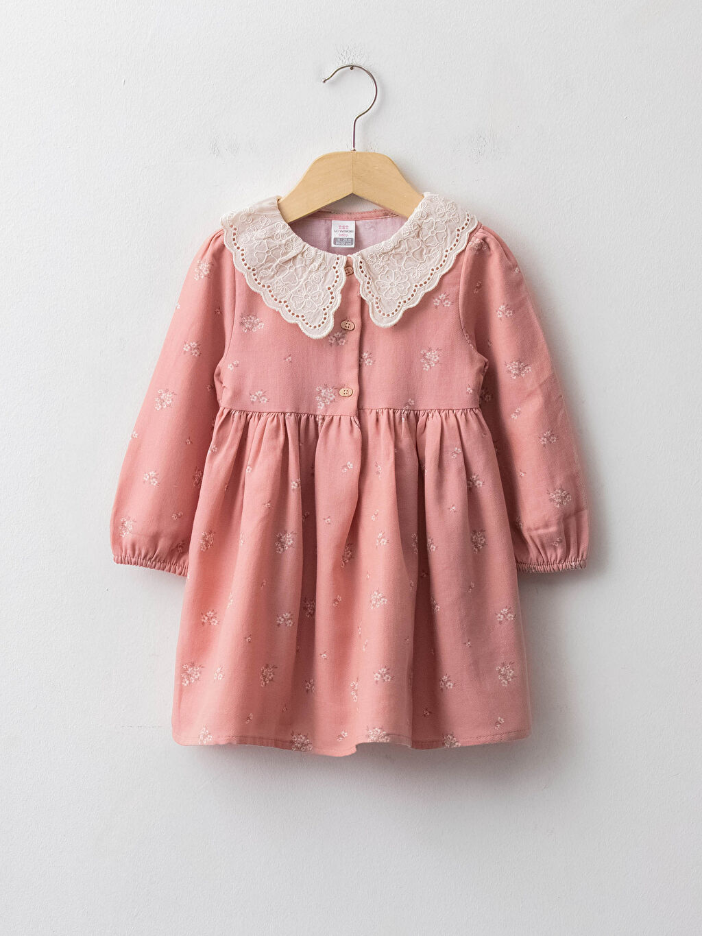 Pembe Bebe Yaka Uzun Kollu Dantel Detaylı Kız Bebek Elbise