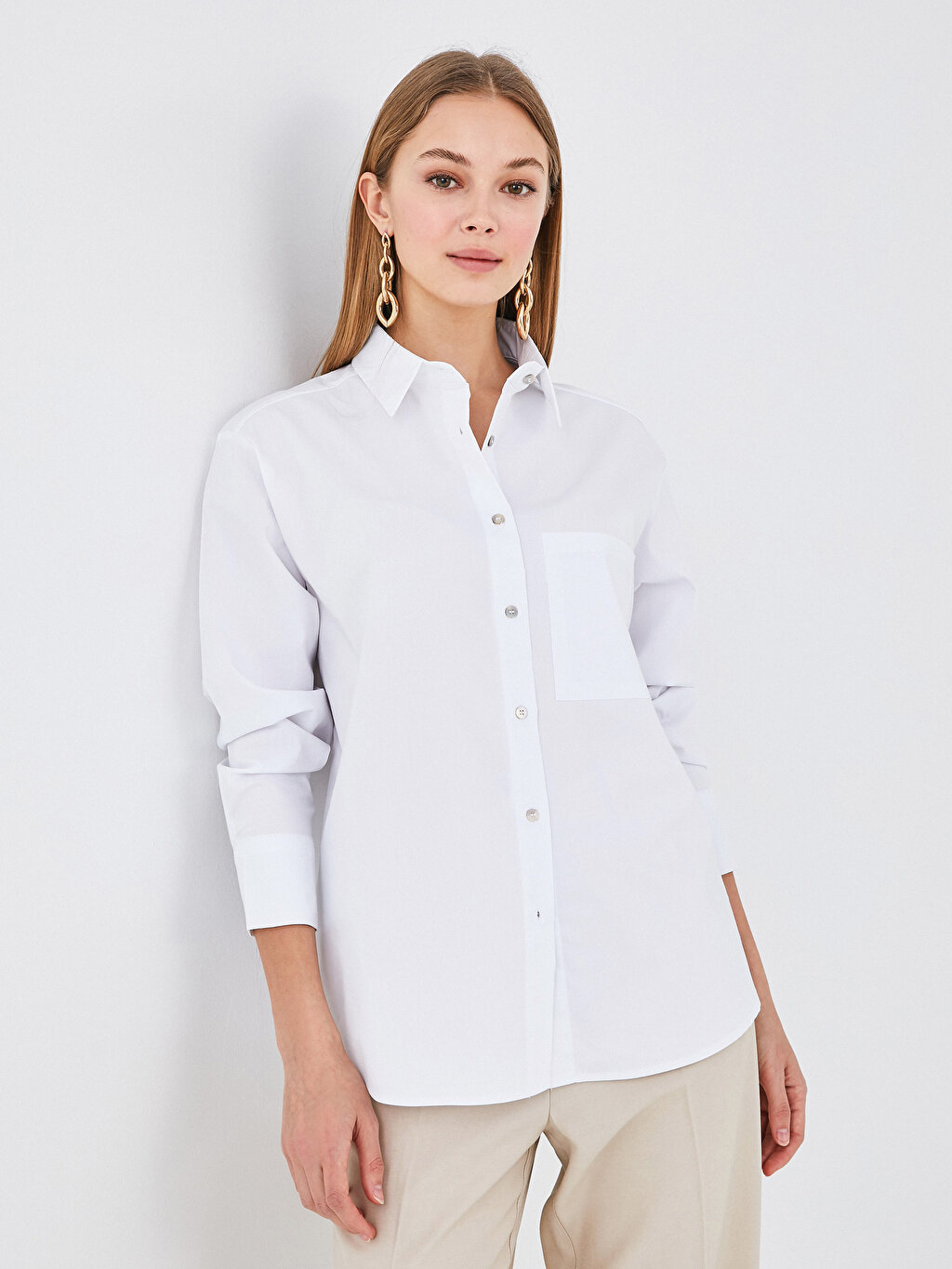 Pocket Detailed Button Closure Long Sleeve Poplin Women's Shirt ...