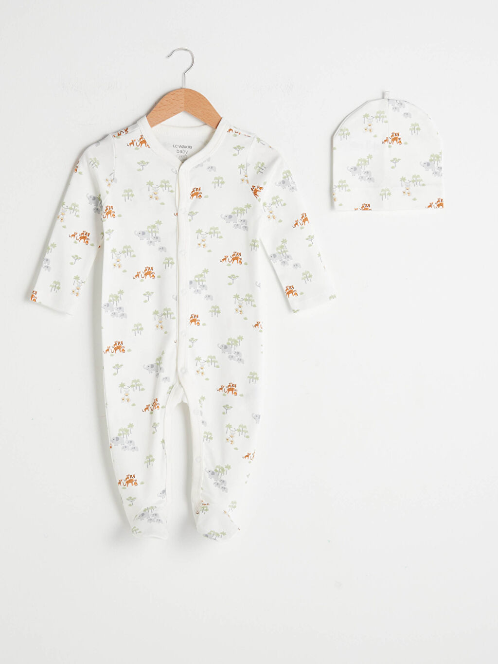 Ekru V Yaka Uzun Kollu Pamuklu Erkek Bebek Tulum ve Bere 2