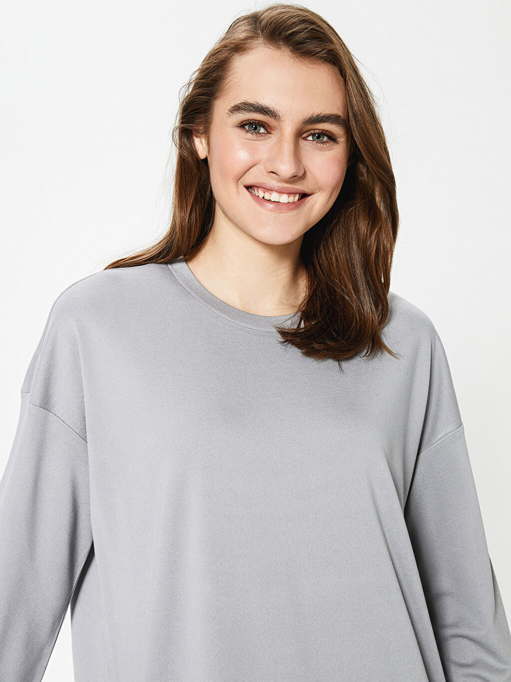 Gri LCW CLASSIC Bisiklet Yaka Düz Fermuar Detaylı Uzun