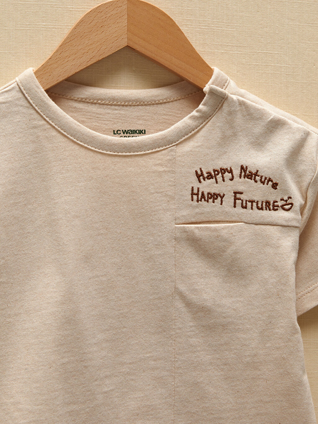 Bej LCW GREEN Bisiklet Yaka Kısa Kollu Nakış Detaylı