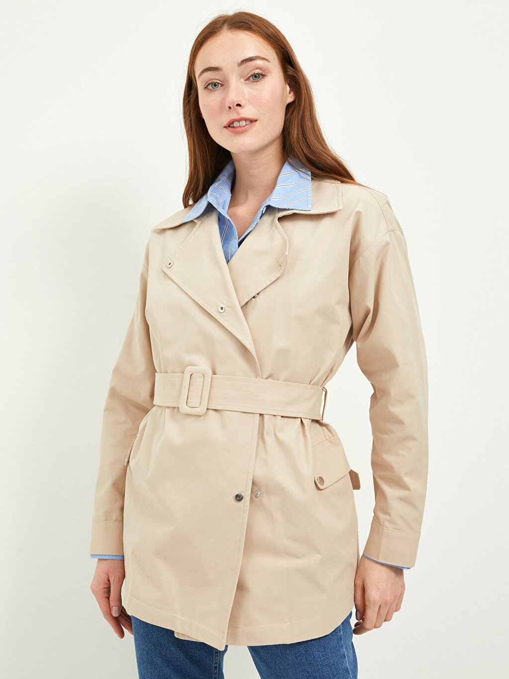 Jacket Collar Straight Long Sleeve Pocket Detailed Women's Slim Trench Coat  -W1EV98Z8-FKU - W1EV98Z8-FKU - LC Waikiki