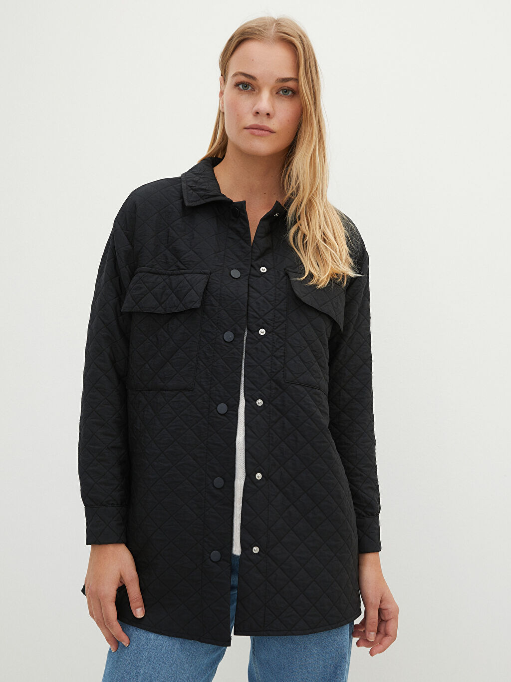 Front Snap Closure Quilted Patterned Long Sleeve Women's Coat W1IK95Z8