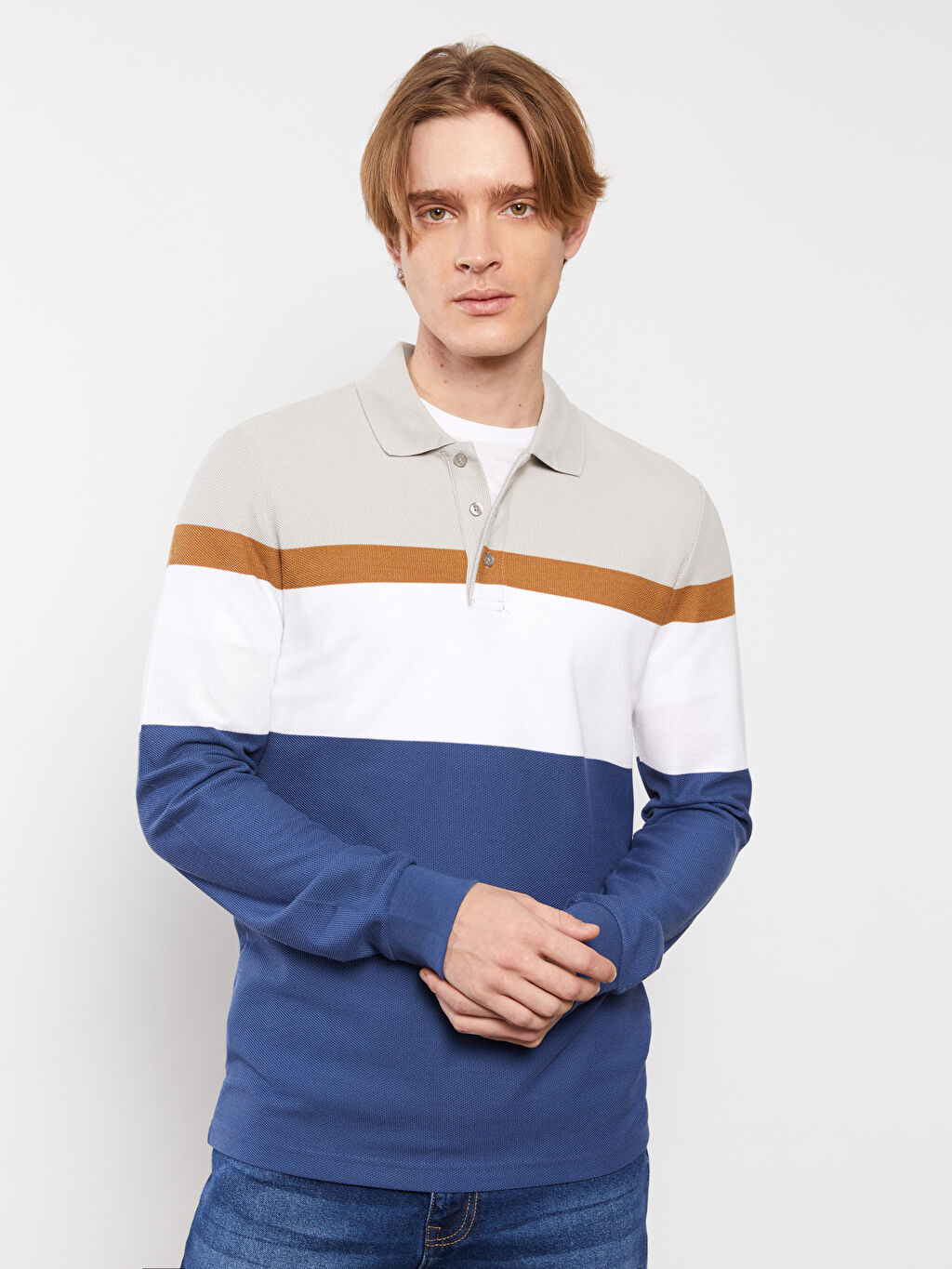 LCW CLASSIC Polo Neck Long Sleeve Striped Men's T-Shirt -S20867Z8-LEN - S20867Z8-LEN - LC Waikiki