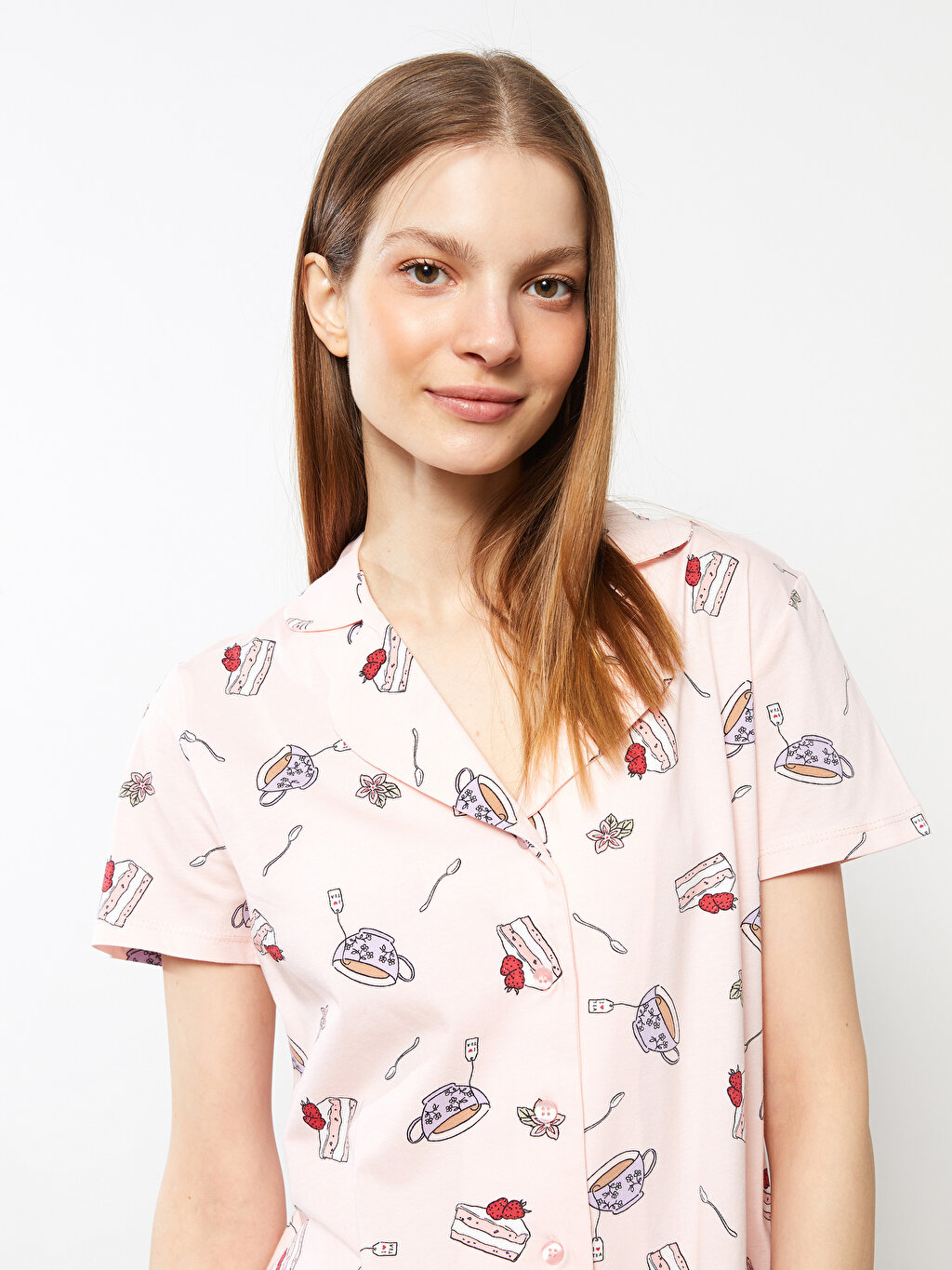 Shirt Collar Printed Short Sleeve Cotton Women's Pajamas Set -S2ED45Z8