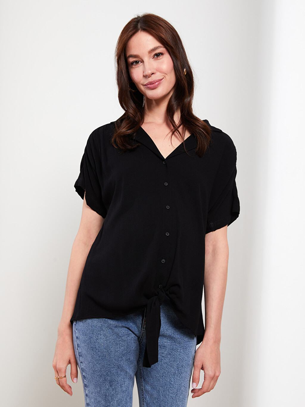 Front Button Closure Plain Short Sleeve 
