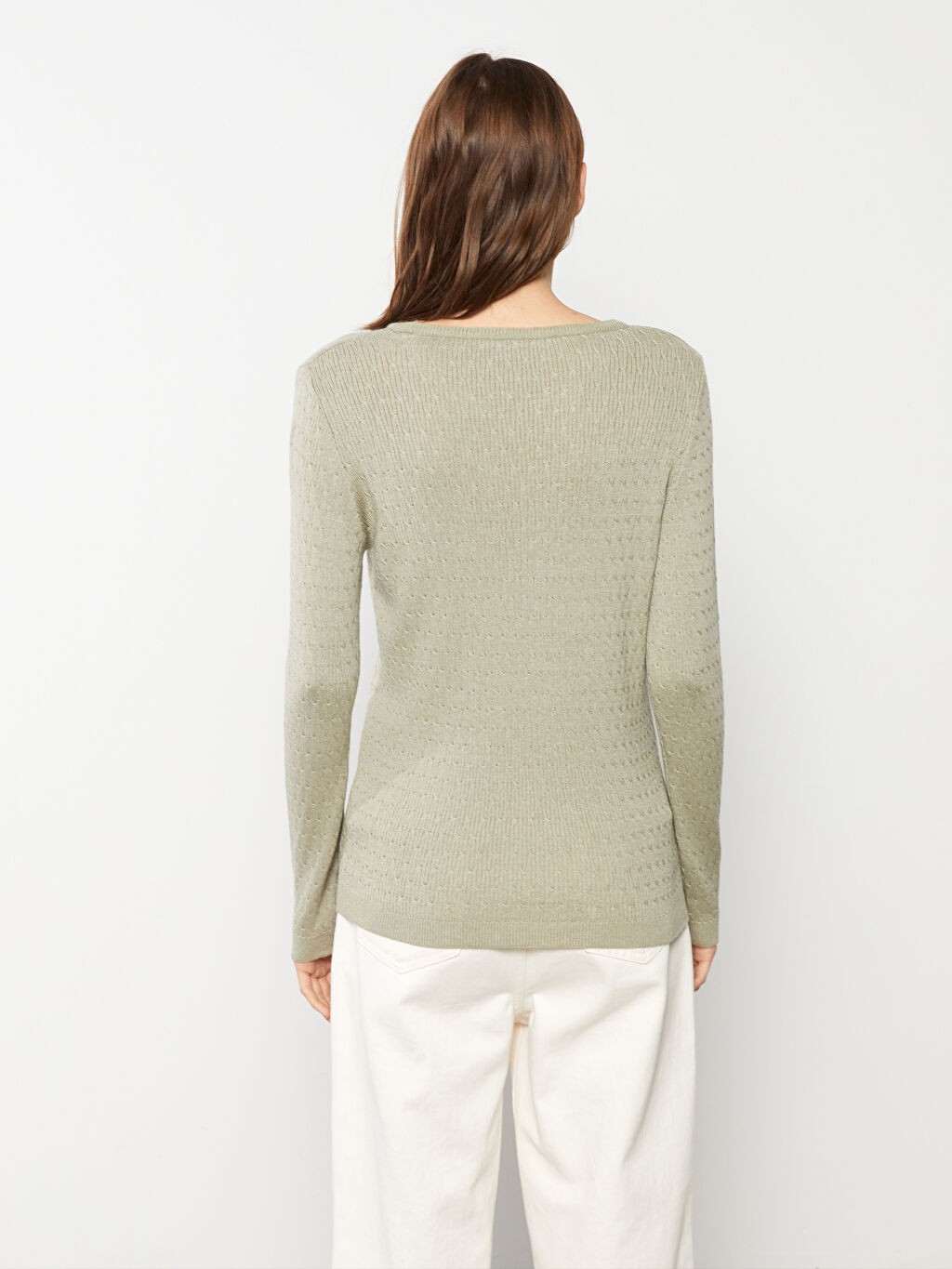 Crew Neck Self Patterned Long Sleeve Women's Tricot Sweater W20321Z8LA9 W20321Z8LA9 LC