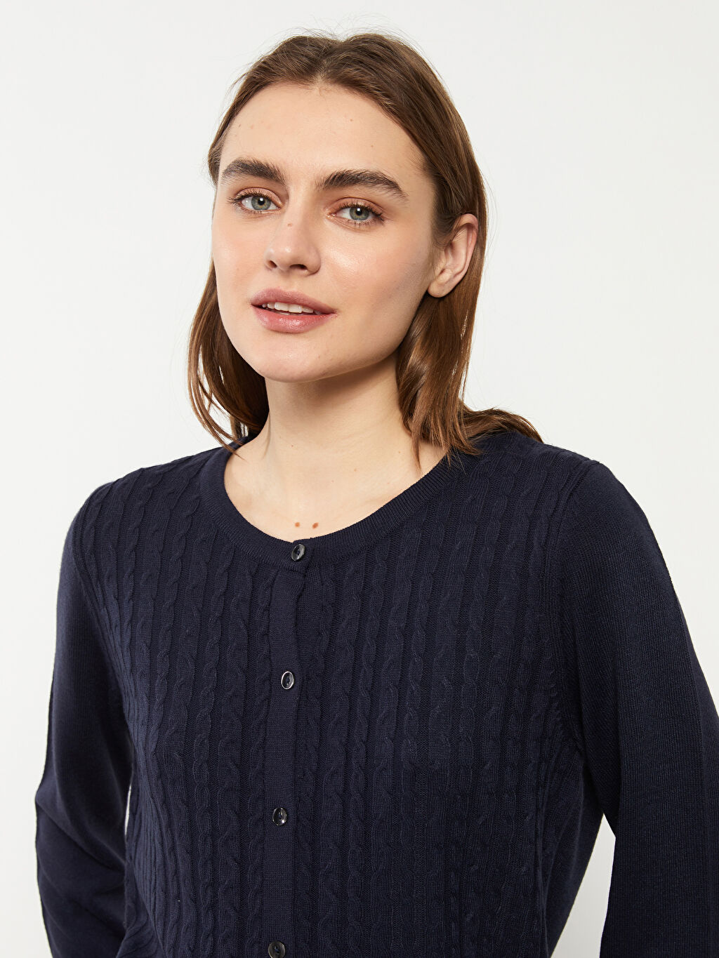 Crew Neck Self Patterned Long Sleeve Women's Tricot Cardigan W20340Z8