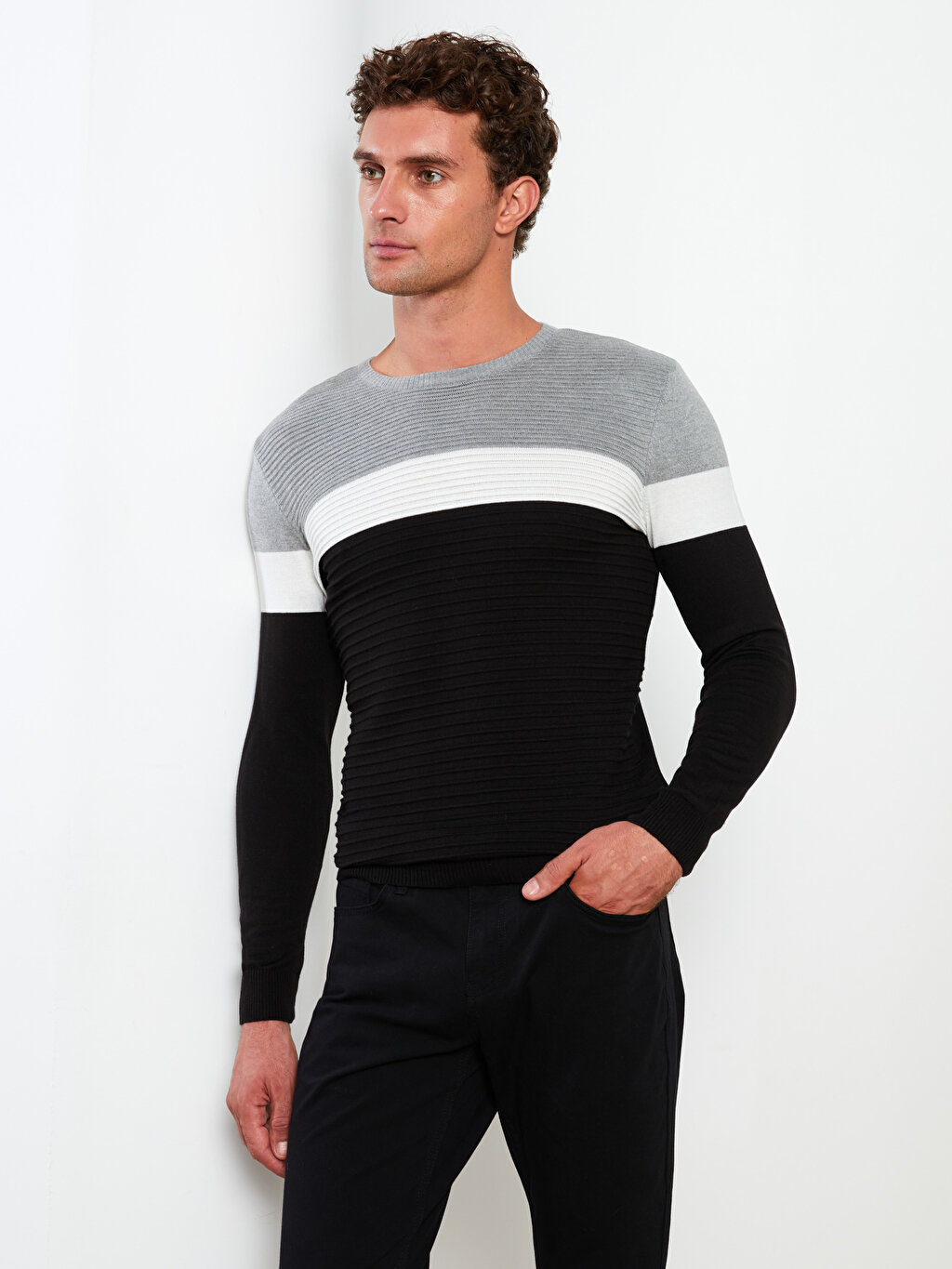 Crew Neck Long Sleeve Men's Tricot Sweater with Color Block -W20961Z8 ...