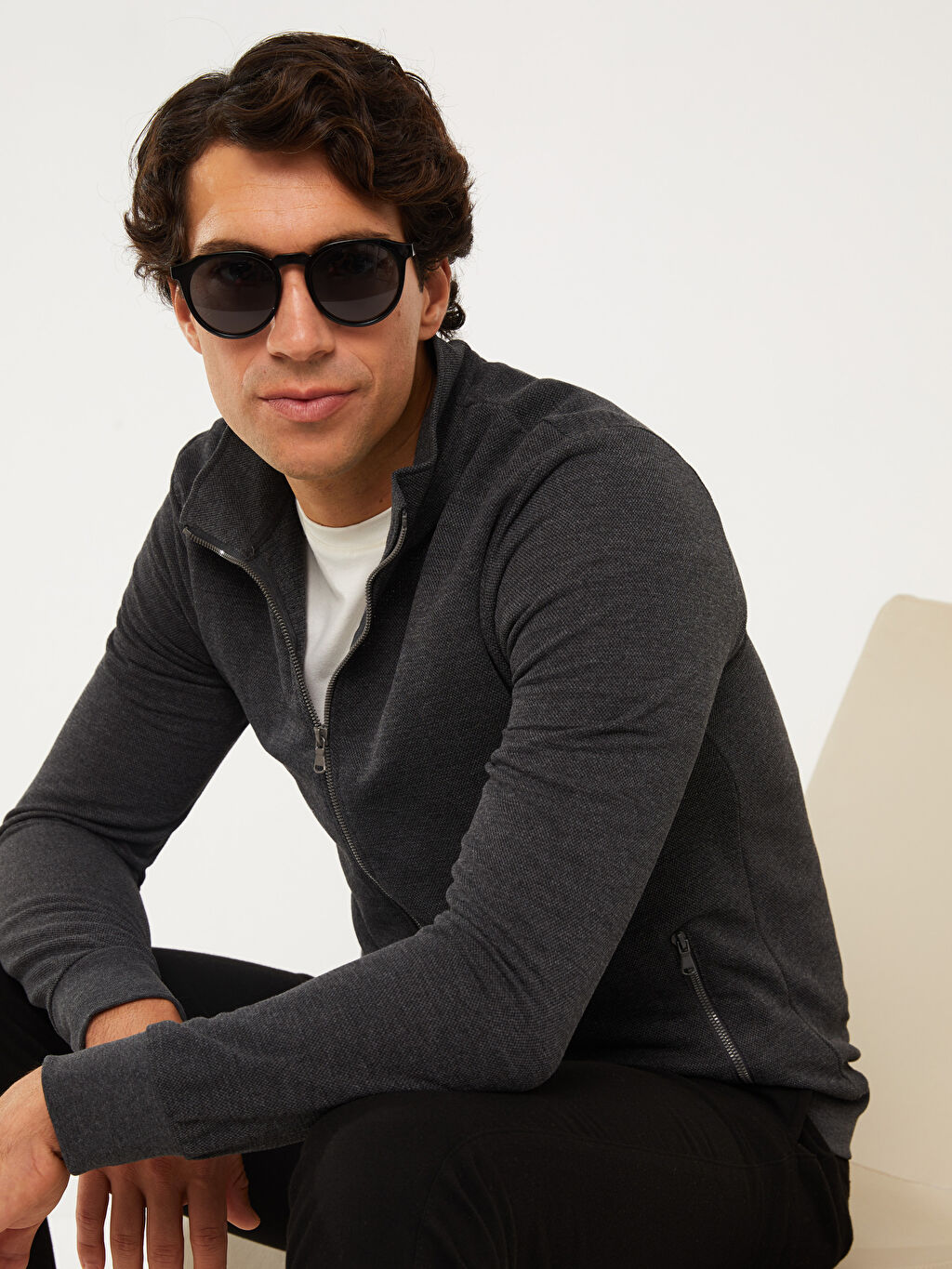 Stand Up Collar Long Sleeve Pique Men's Sports Cardigan W22474Z8D5D