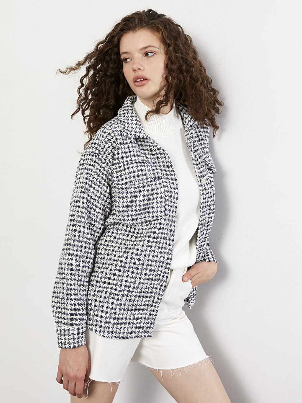 Buttoned Patterned Long Sleeve Tweed Women's Shirt Jacket W23585Z8LLC