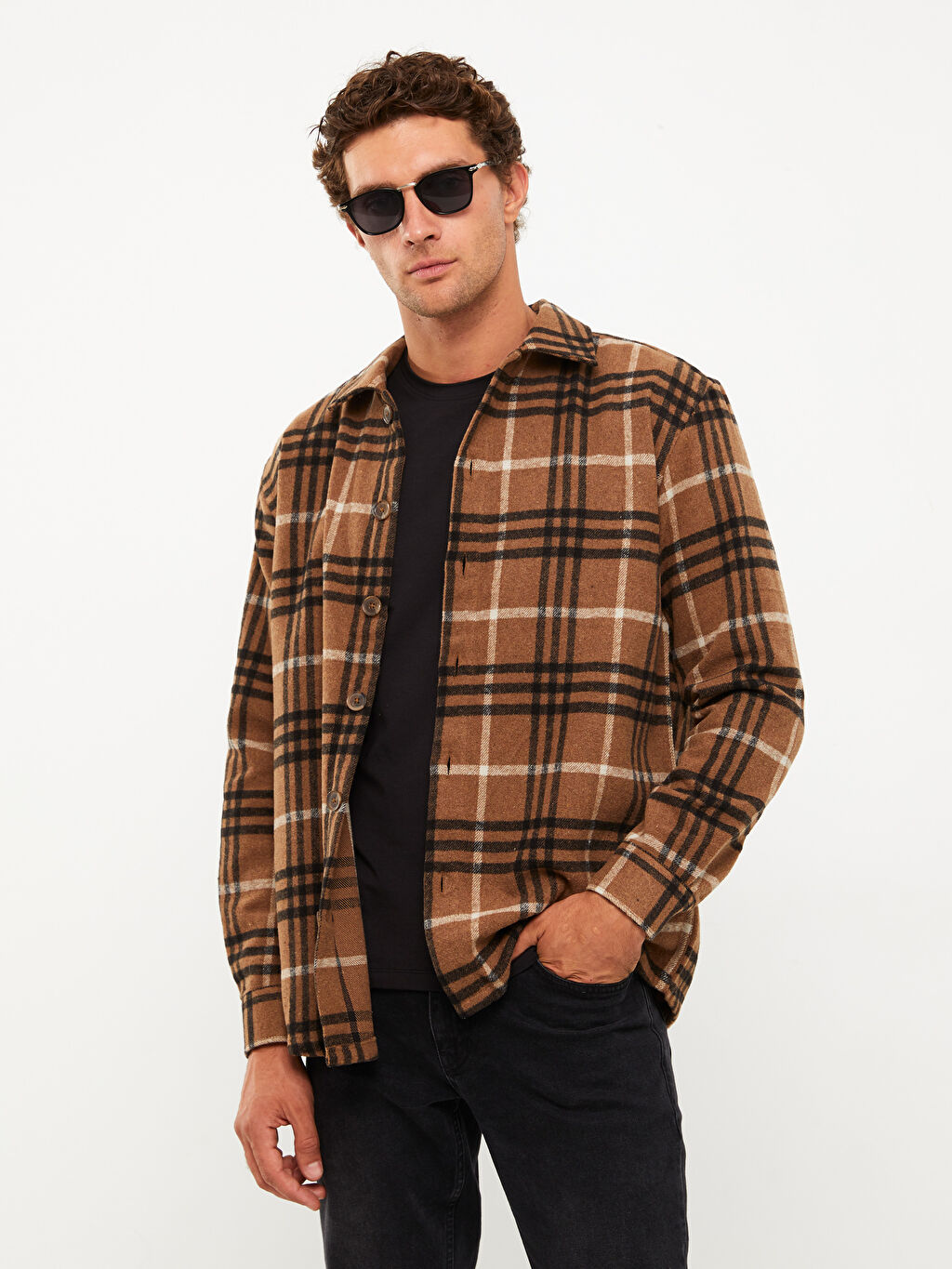 Relaxed fit long sleeve plaid gabardine men s shirt jacket w24503z8